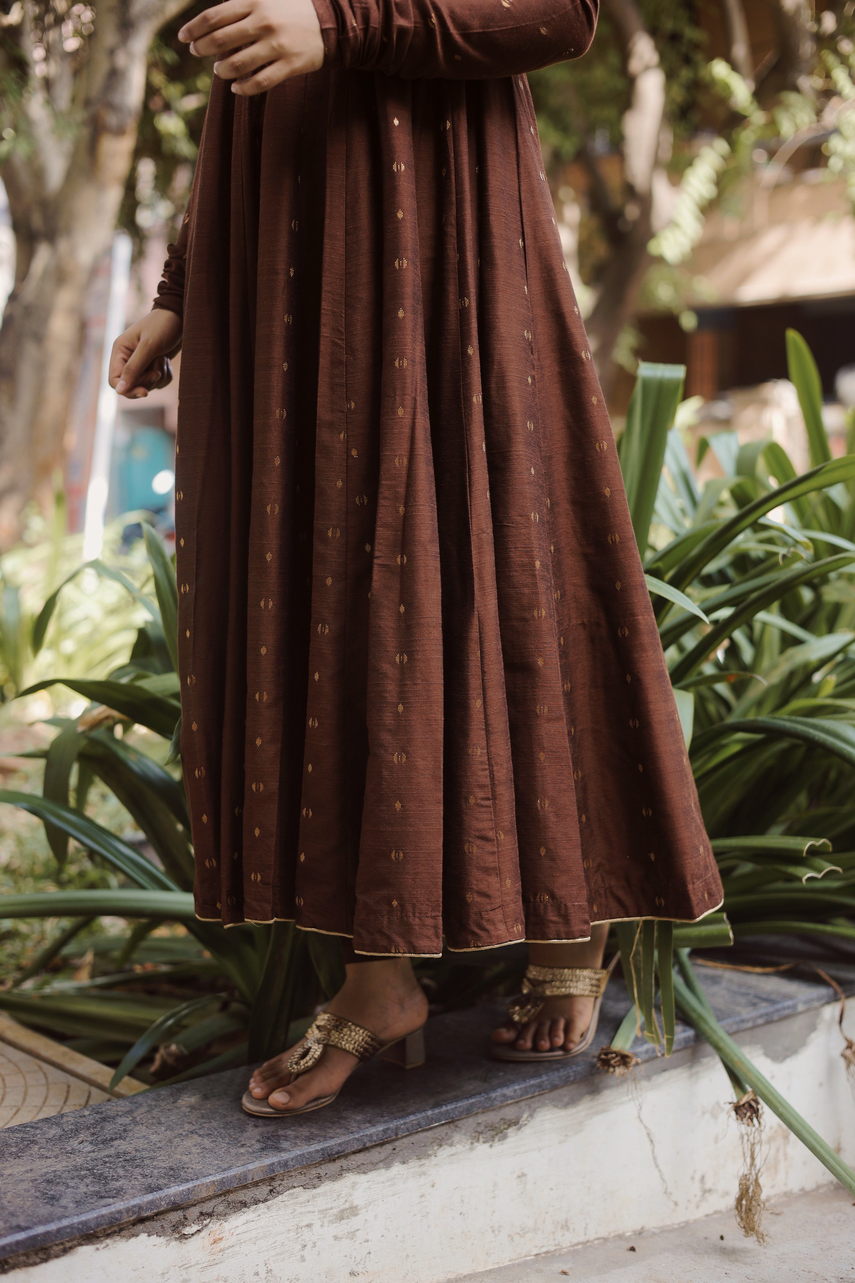 Instore - Brown South Cotton Full Flared Anarkali Kurti, Gathered Sleeves & Rich Festive Detailing
