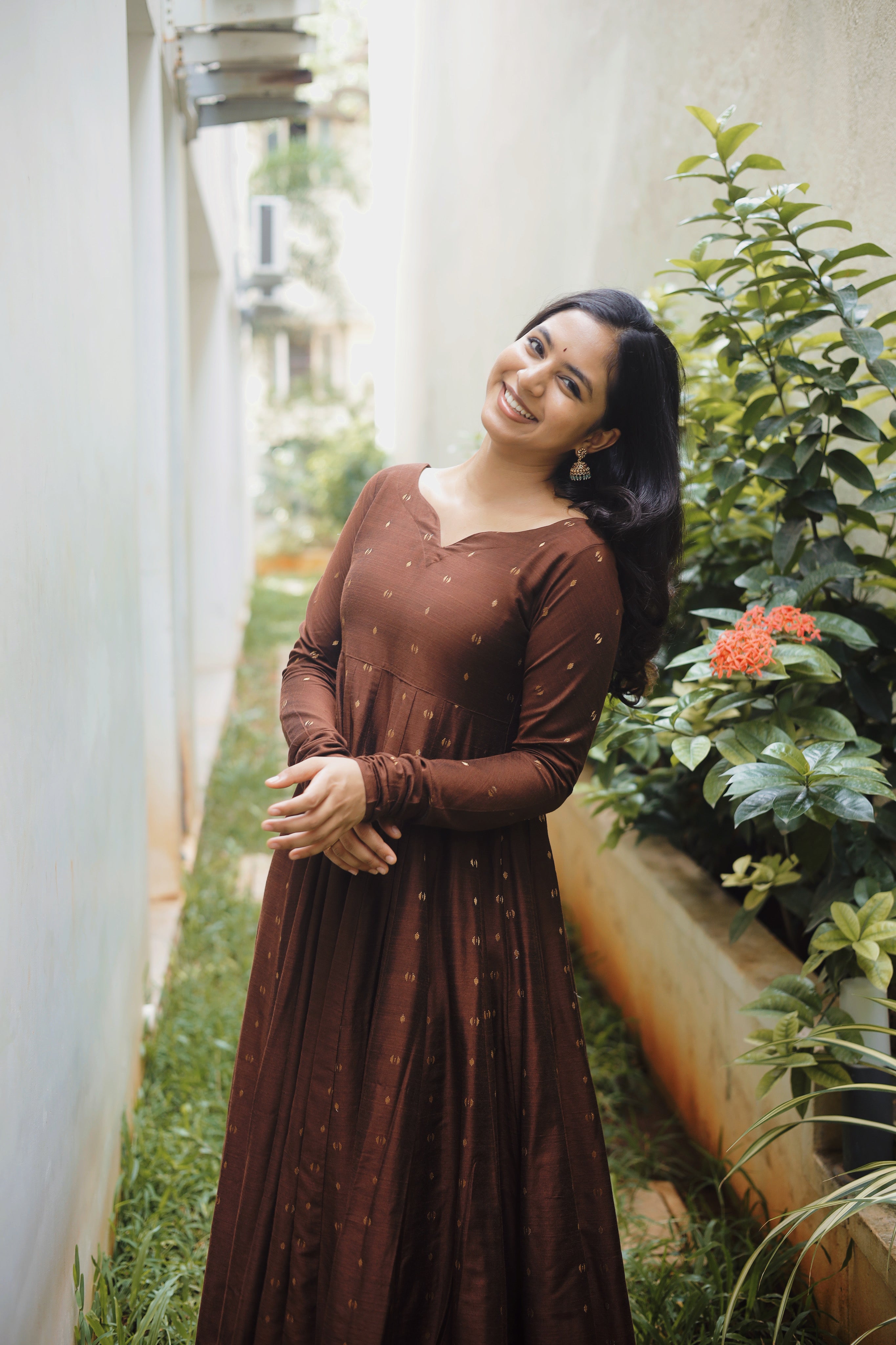 Instore - Brown South Cotton Full Flared Anarkali Kurti, Gathered Sleeves & Rich Festive Detailing