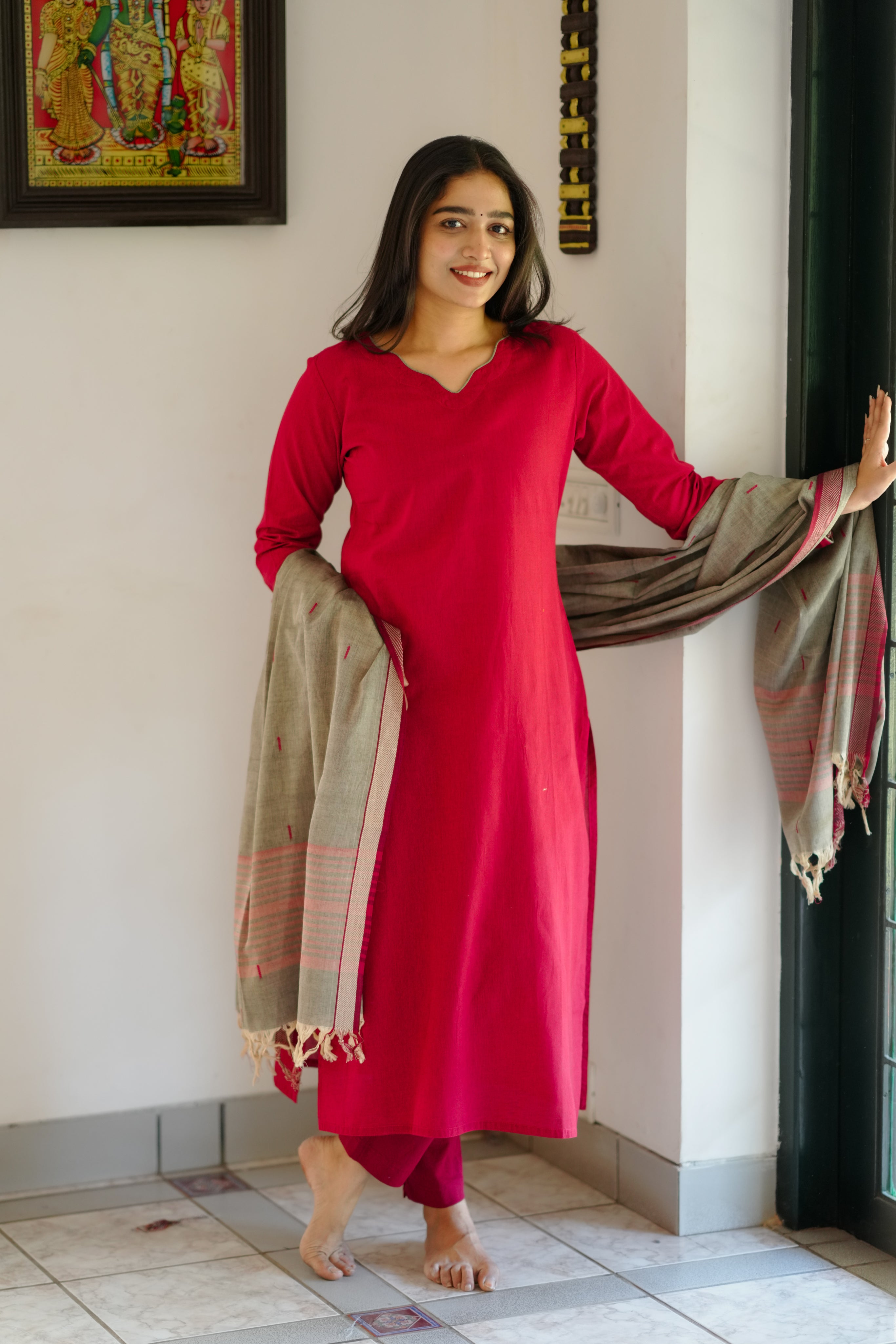 red ethnic cotton straight kurti
traditional cotton kurti set
handloom dupatta ethnic kurti
classic ethnic kurti for women
side slit cotton kurti for ethnic look