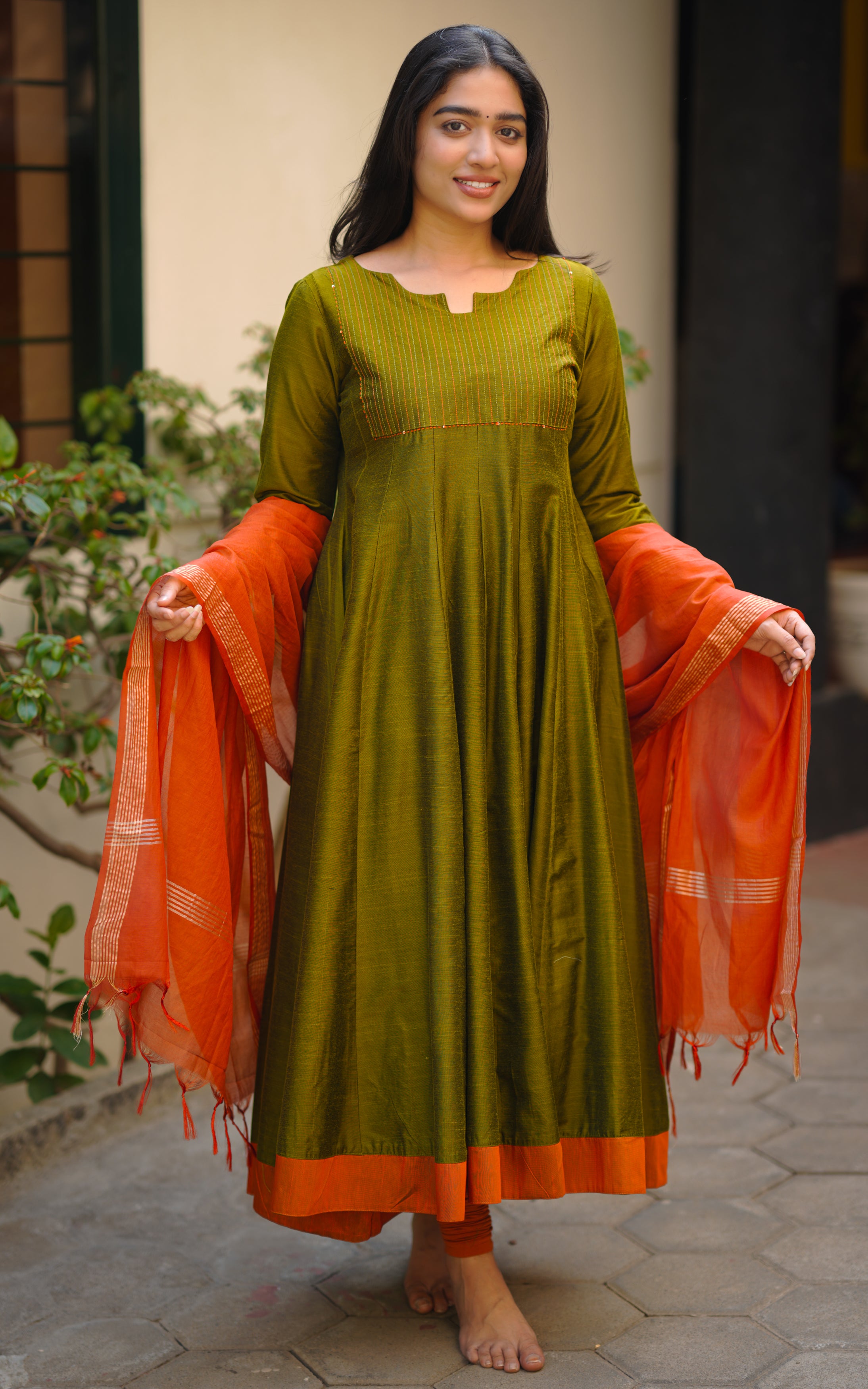 Stylish Olive Green Anarkali with Line Embroidery & Contrast Dupatta