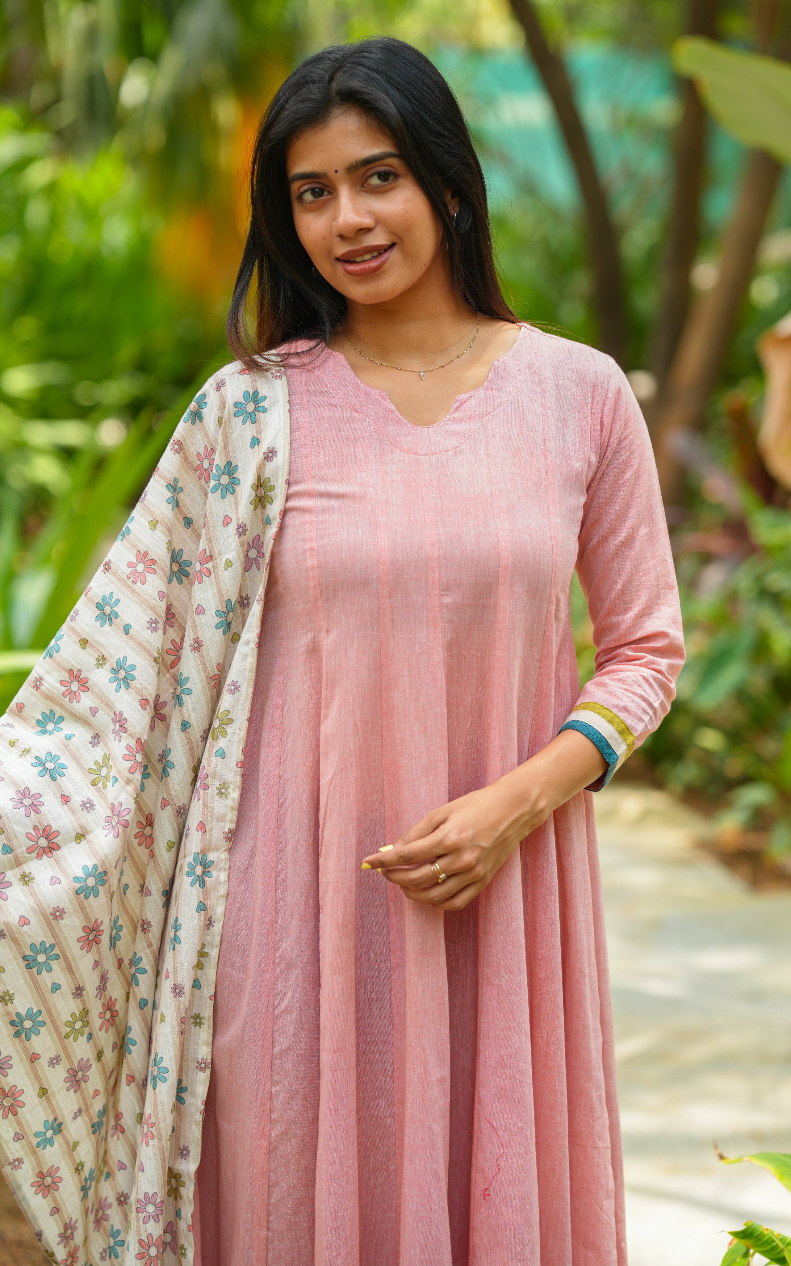 Instore - Dusty Peach Cotton Full Flared Anarkali with One Side Pocket, Paired with Cotton Dupatta, No Lining