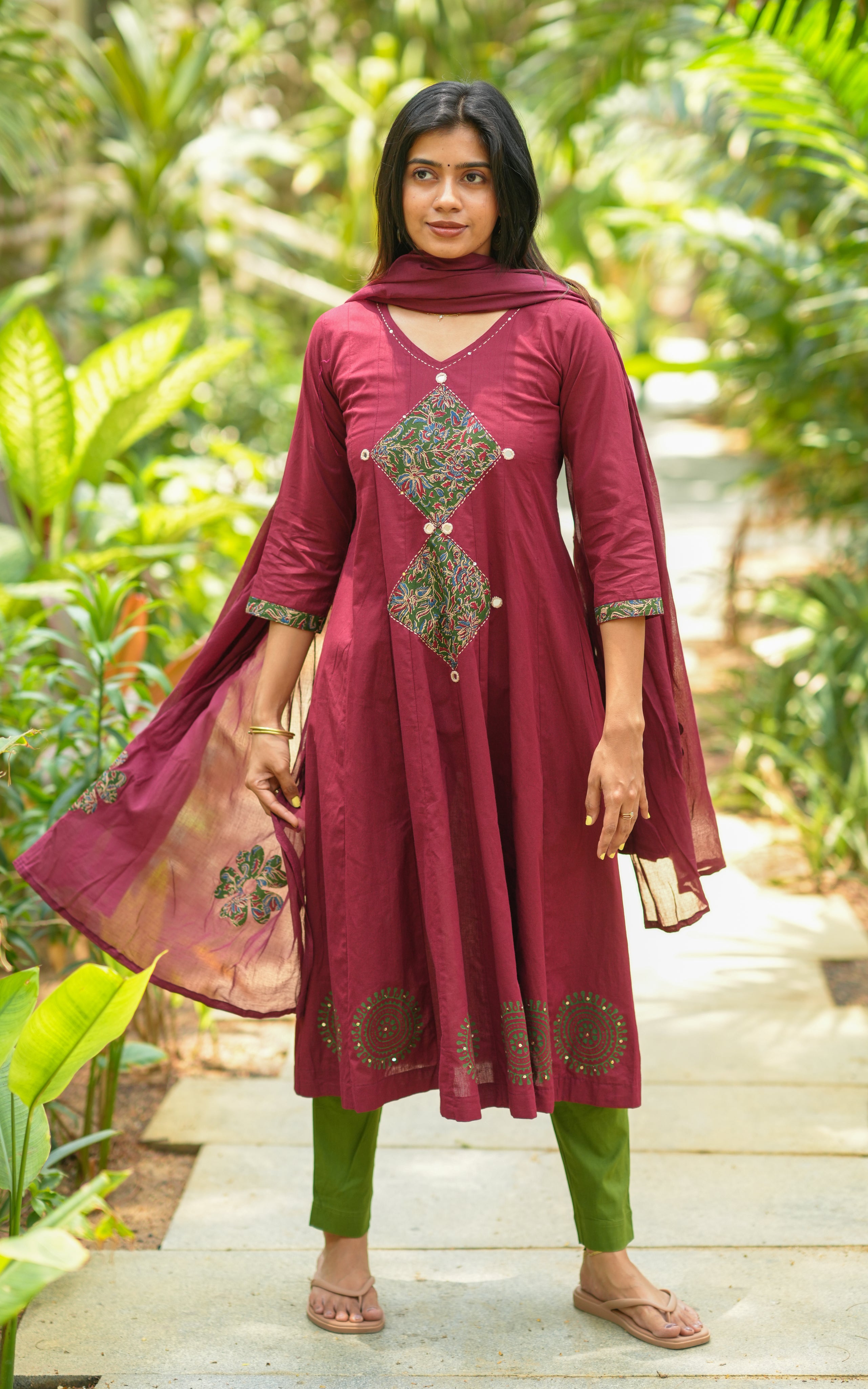 Maroon cotton Anarkali kurti for women