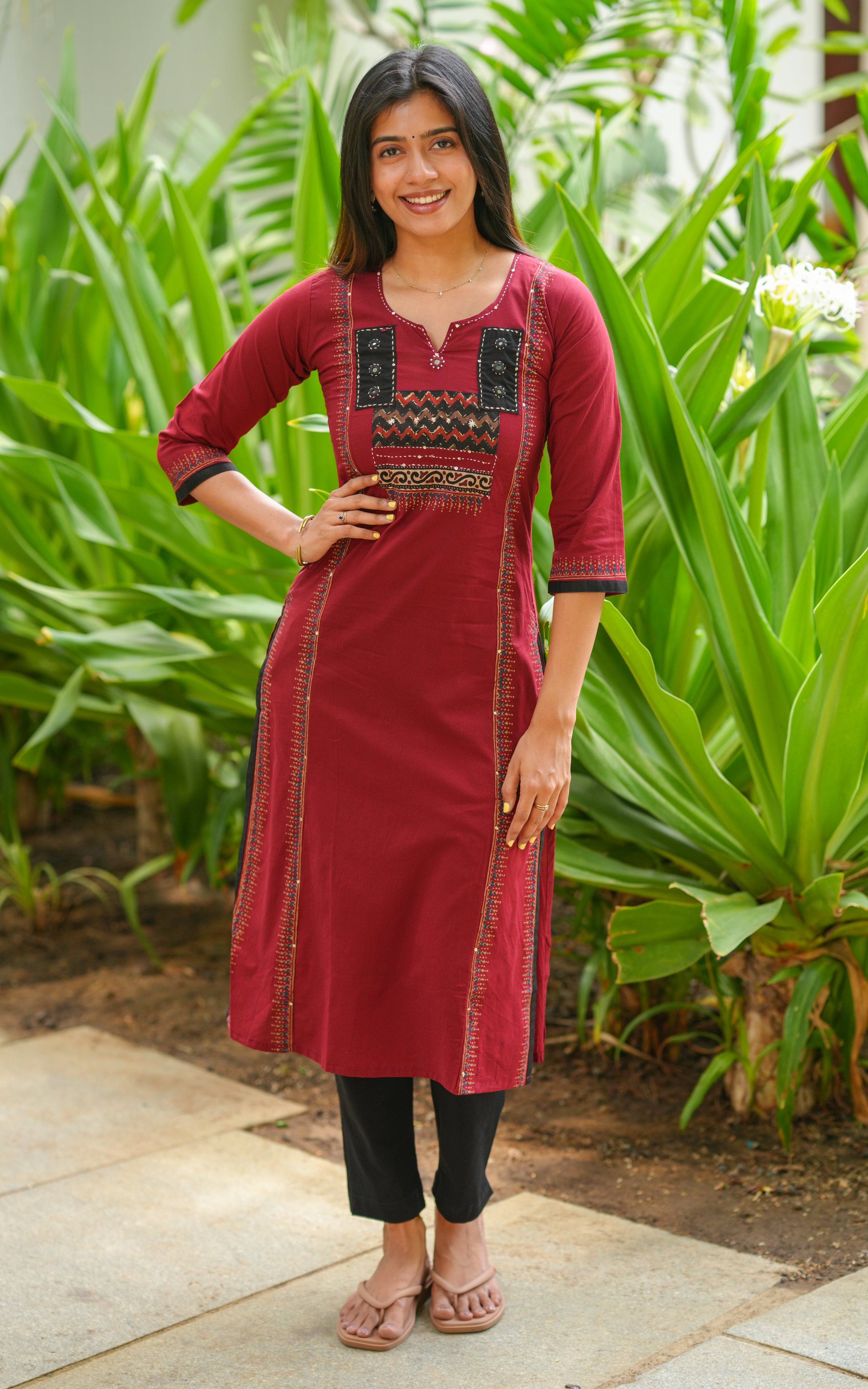 Maroon handblock cotton kurti for women