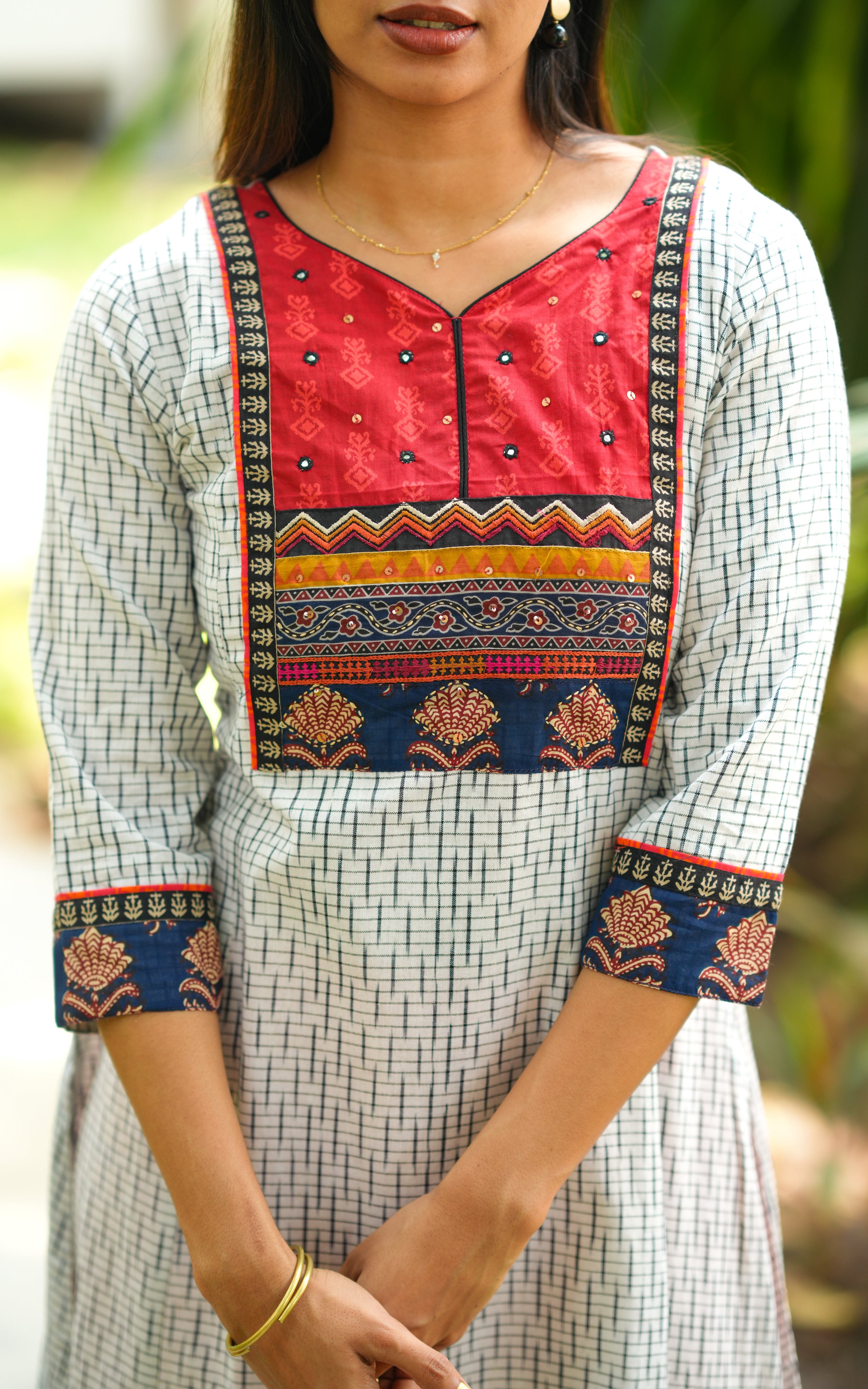 White printed yoke cotton kurti for women