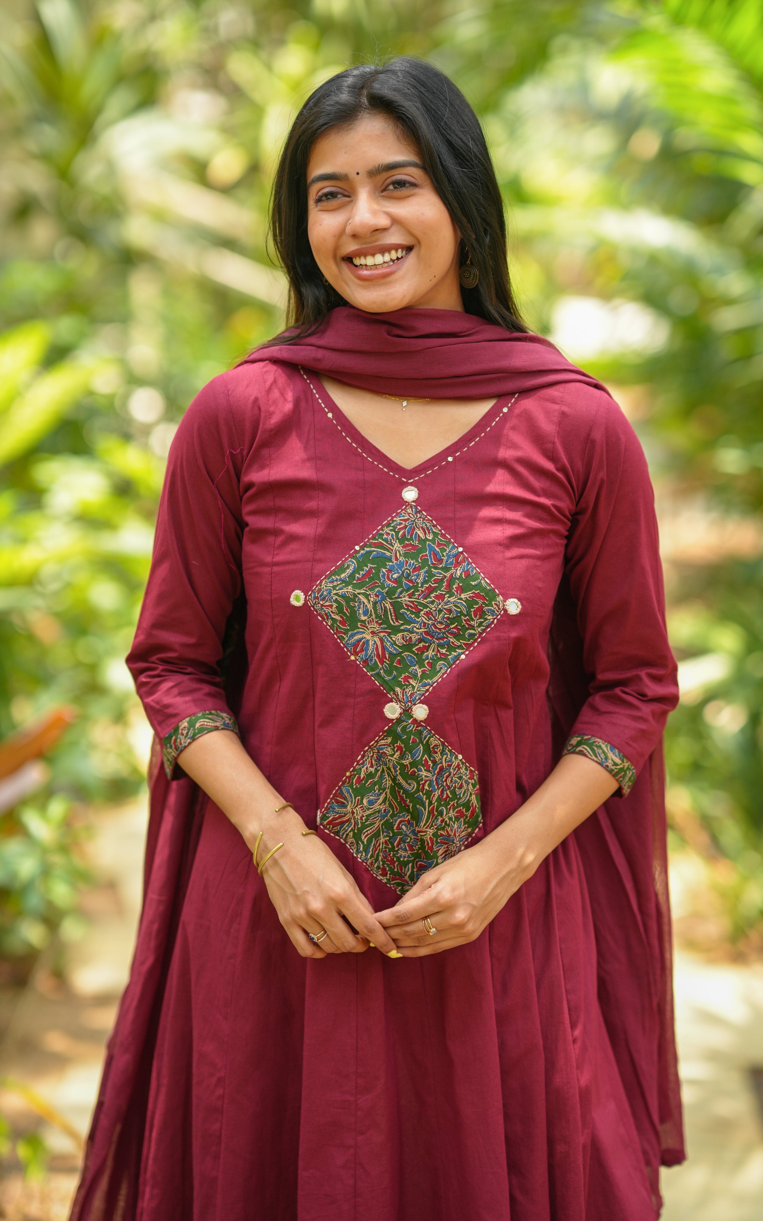 Traditional maroon long cotton kurti for women
