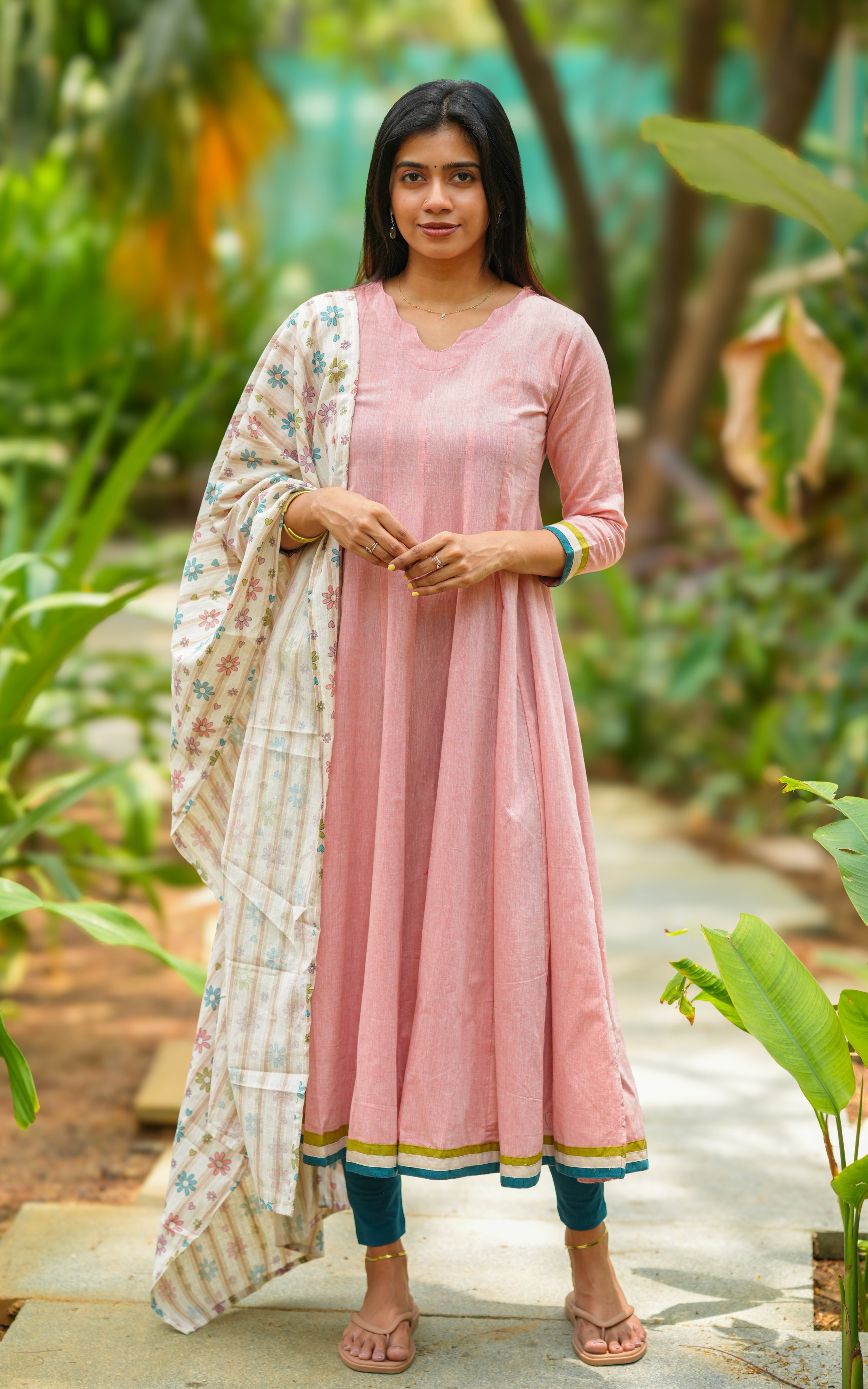 Instore - Dusty Peach Cotton Full Flared Anarkali with One Side Pocket, Paired with Cotton Dupatta, No Lining