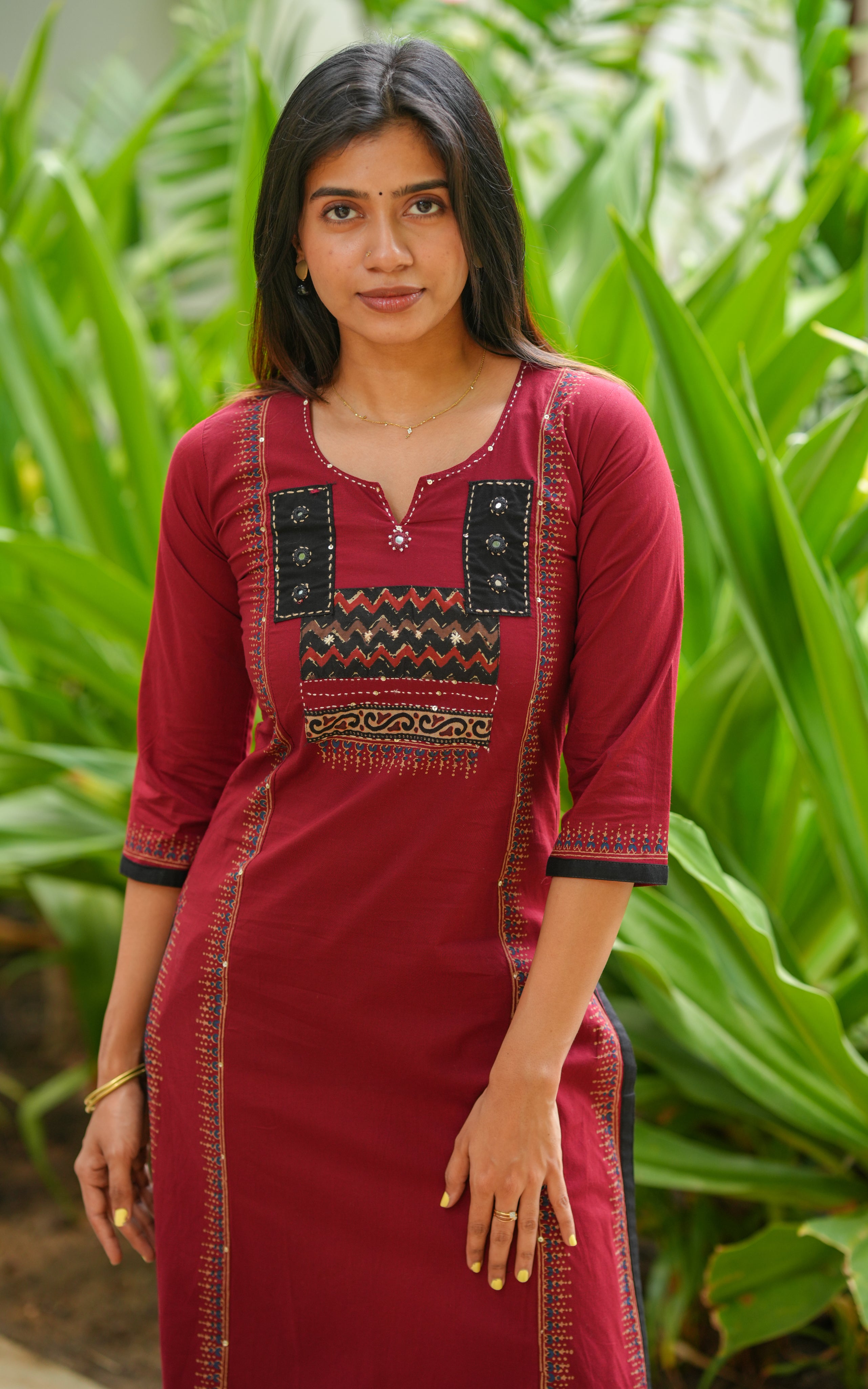 Maroon straight cut cotton kurti for women