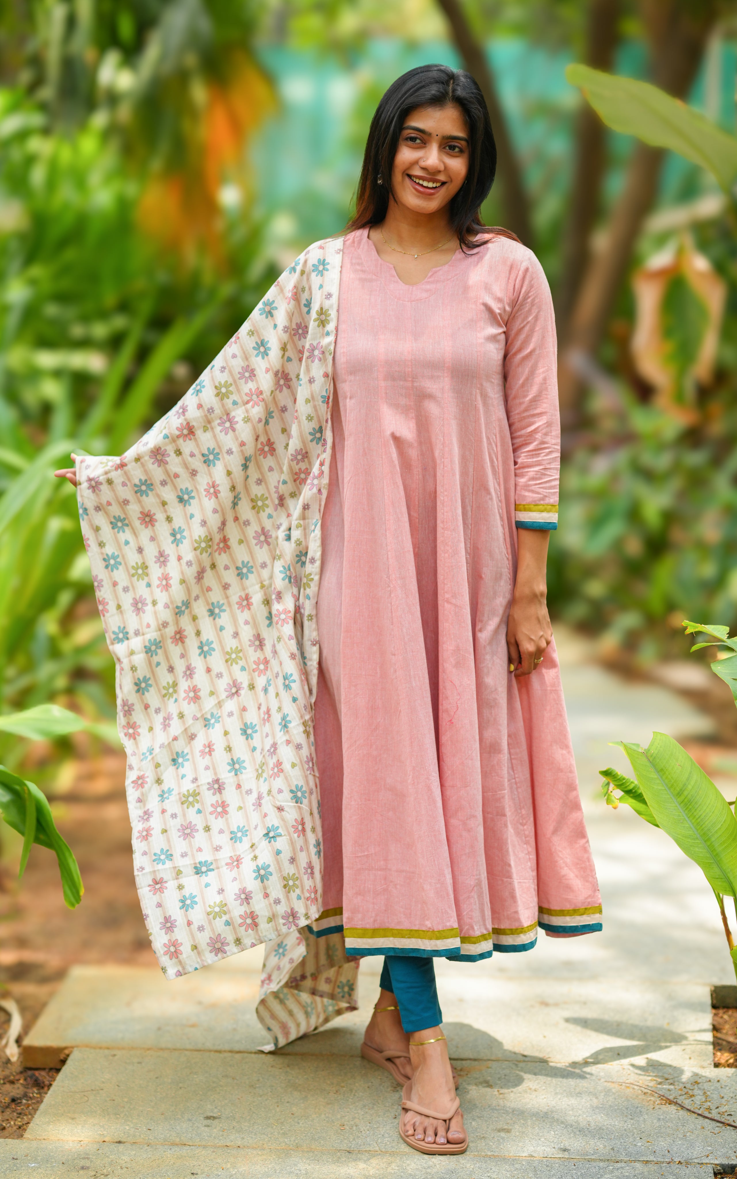 Instore - Dusty Peach Cotton Full Flared Anarkali with One Side Pocket, Paired with Cotton Dupatta, No Lining
