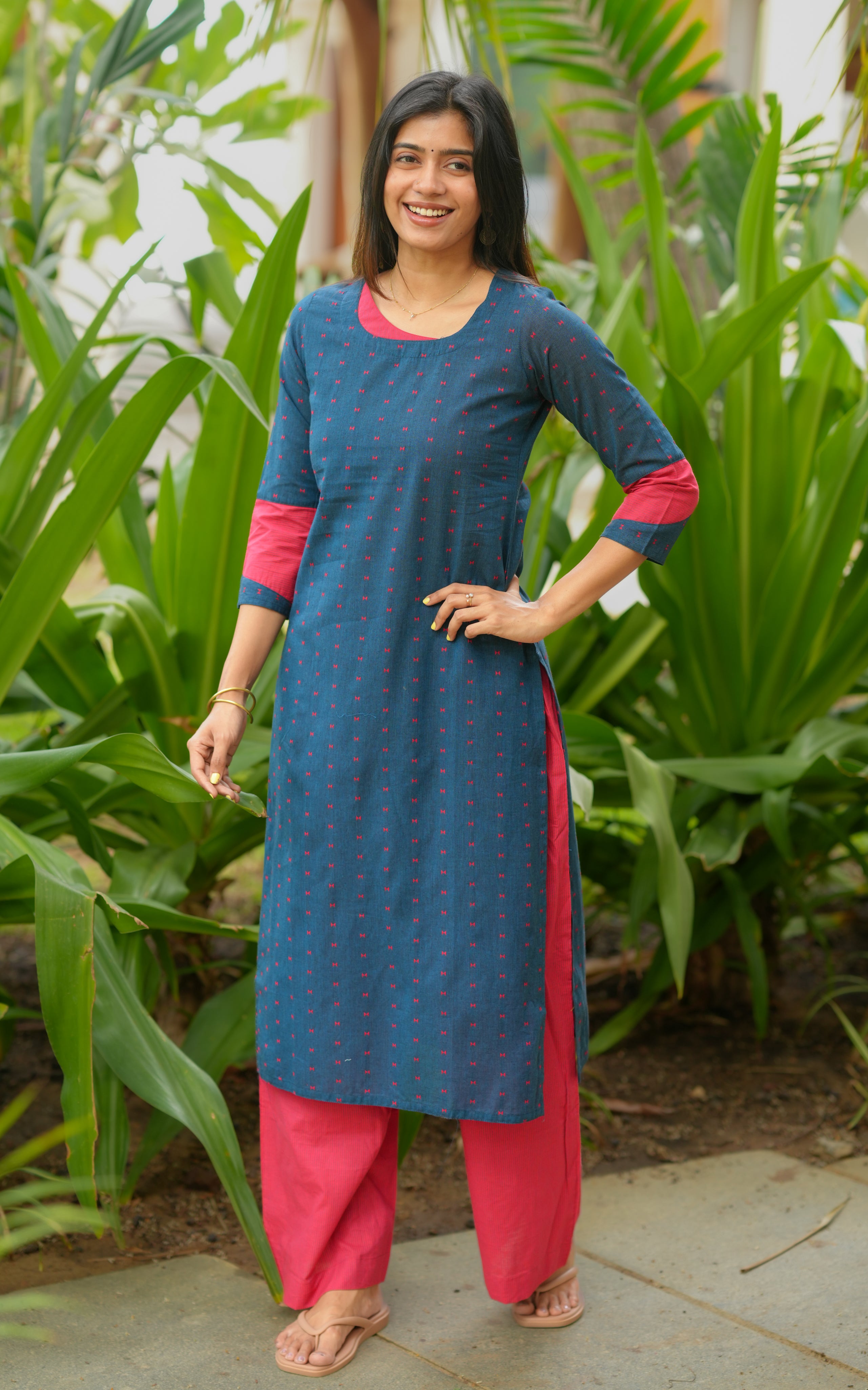 Instore - Deep Teal South Cotton Straight Cut Kurti with Side Slit, Palazzo Pant with Side Pocket, No Lining