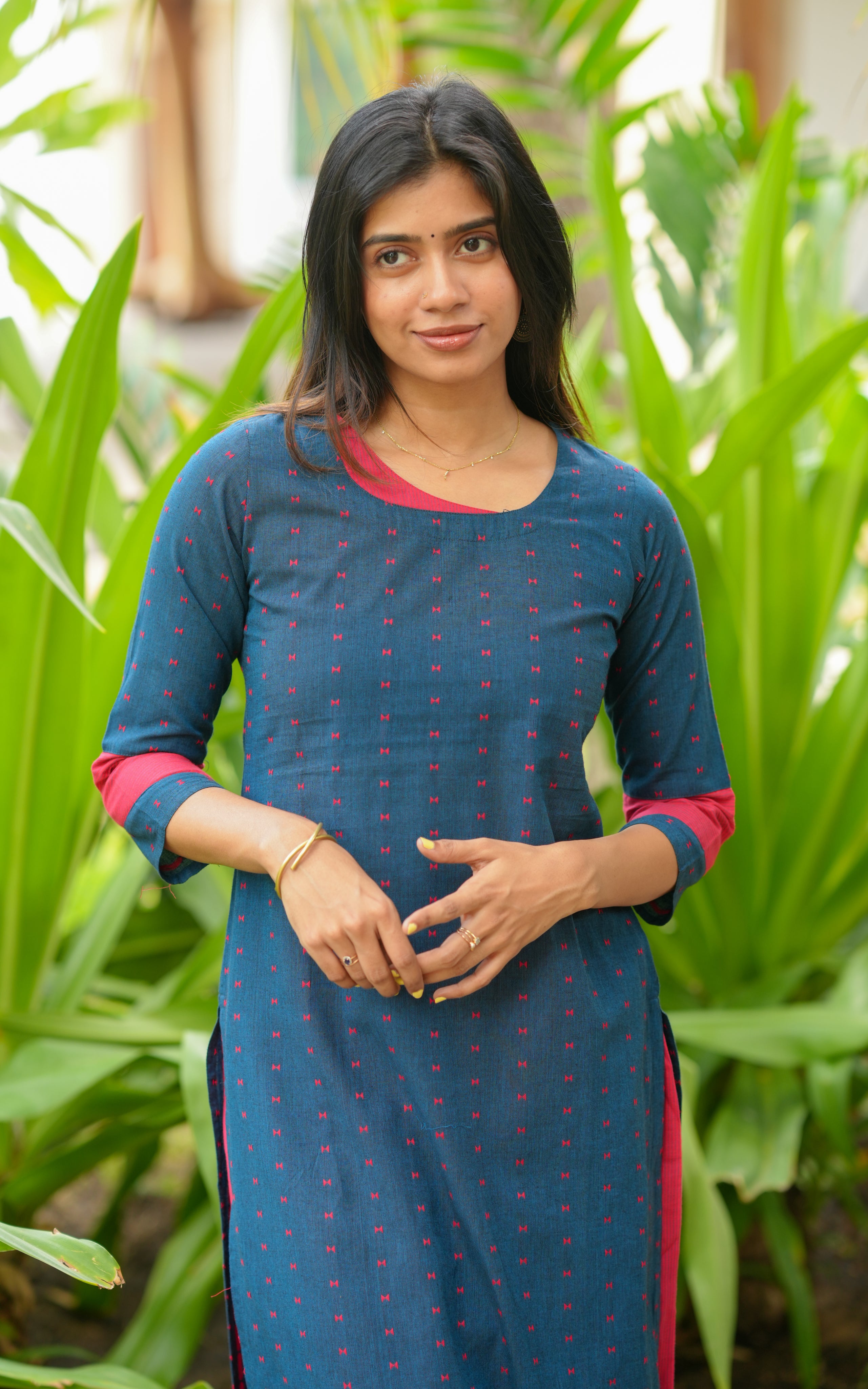 Instore - Deep Teal South Cotton Straight Cut Kurti with Side Slit, Palazzo Pant with Side Pocket, No Lining