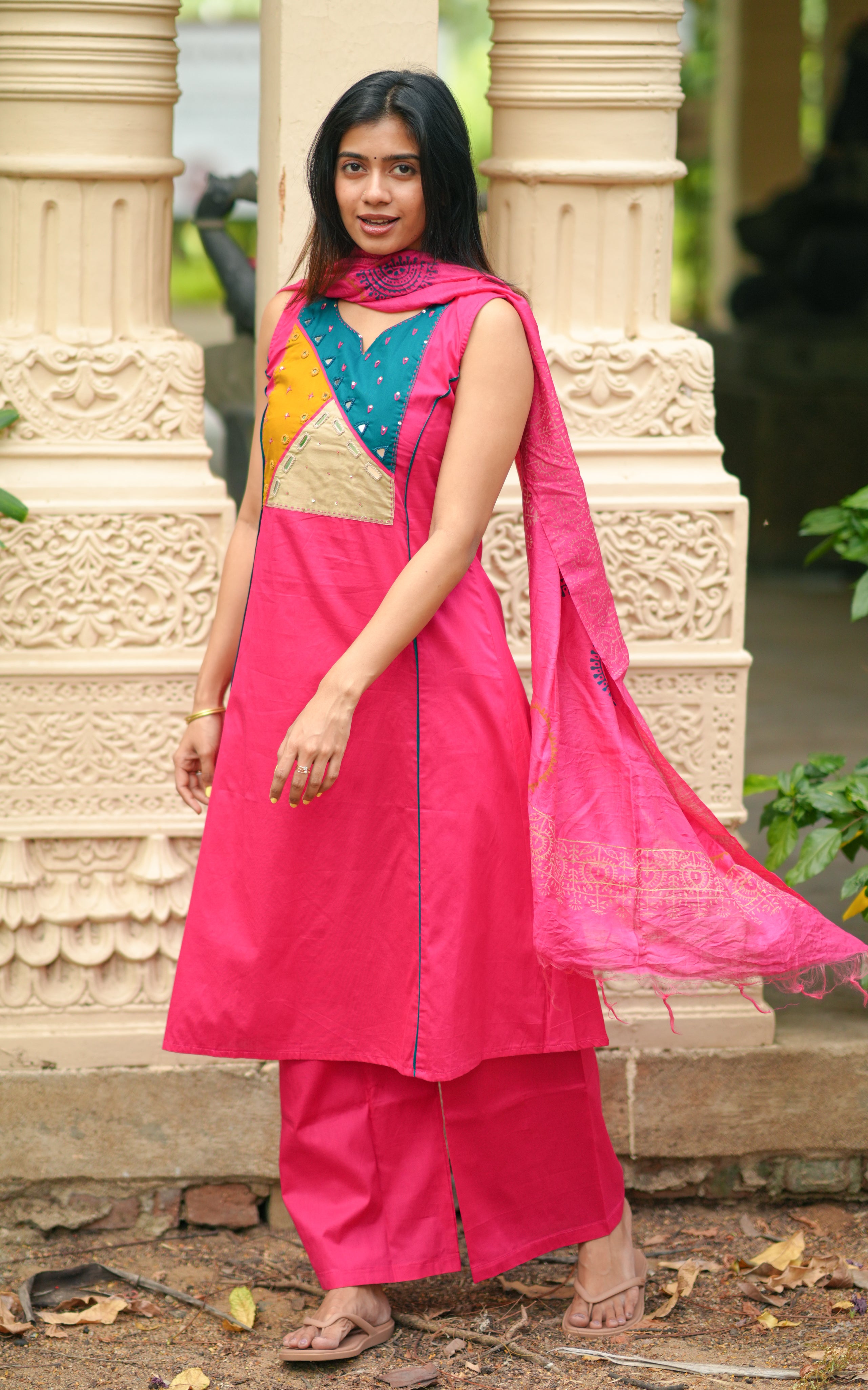 Instore - Pink Color South Cotton, Aline Kurti, Palazzo Pant with One Side Pocket, Handblock Printed Art Silk Dupatta, No Lining