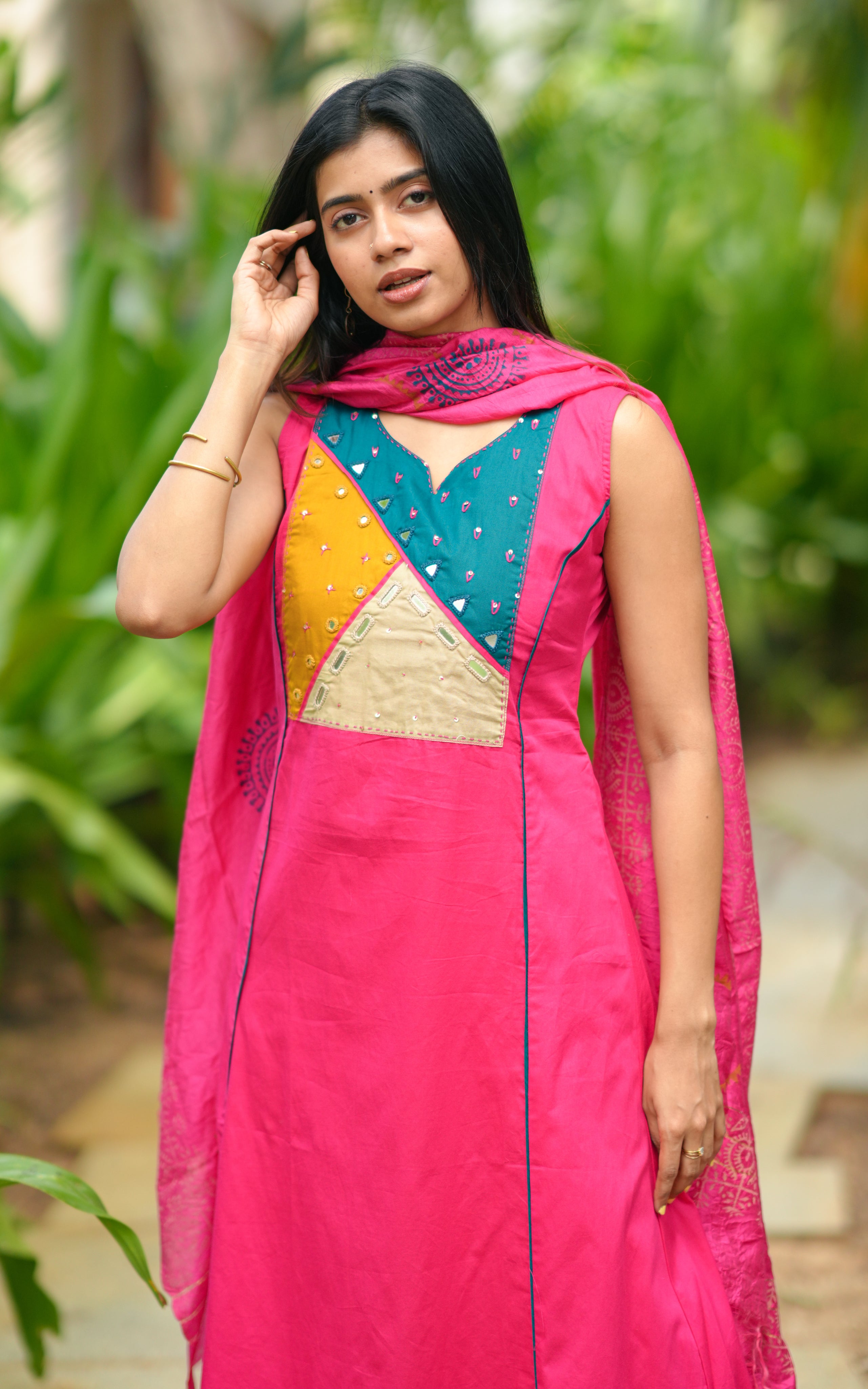 Instore - Pink Color South Cotton, Aline Kurti, Palazzo Pant with One Side Pocket, Handblock Printed Art Silk Dupatta, No Lining