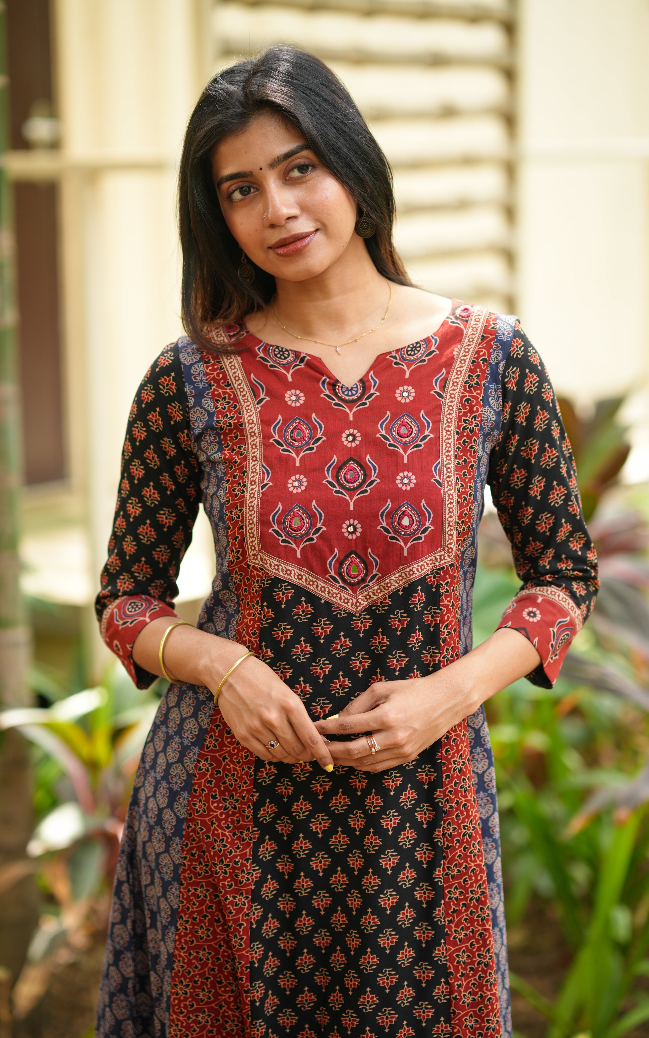 Cotton kurti with mirror embroidered yoke for