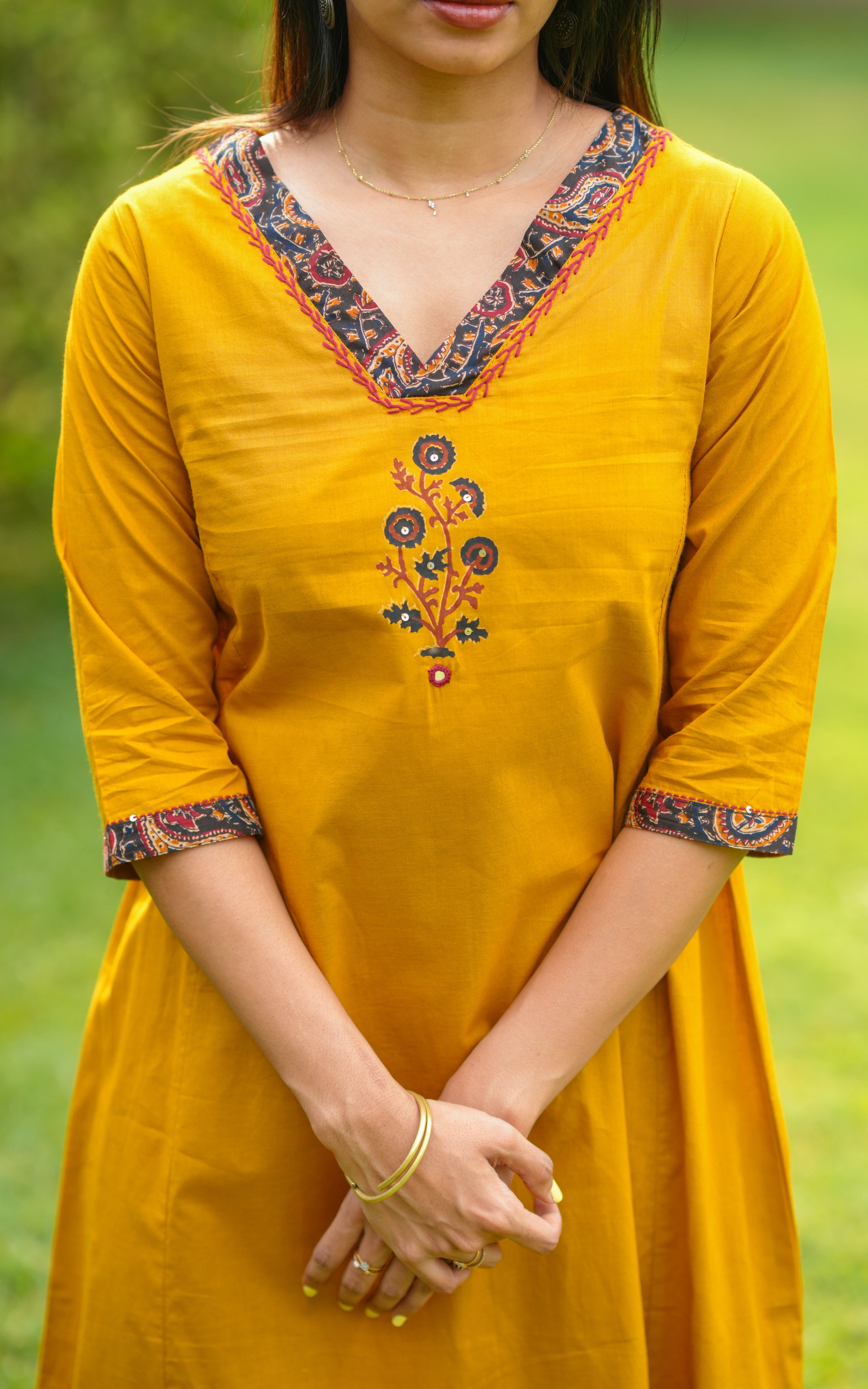 Mustard ethnic cotton kurti for women