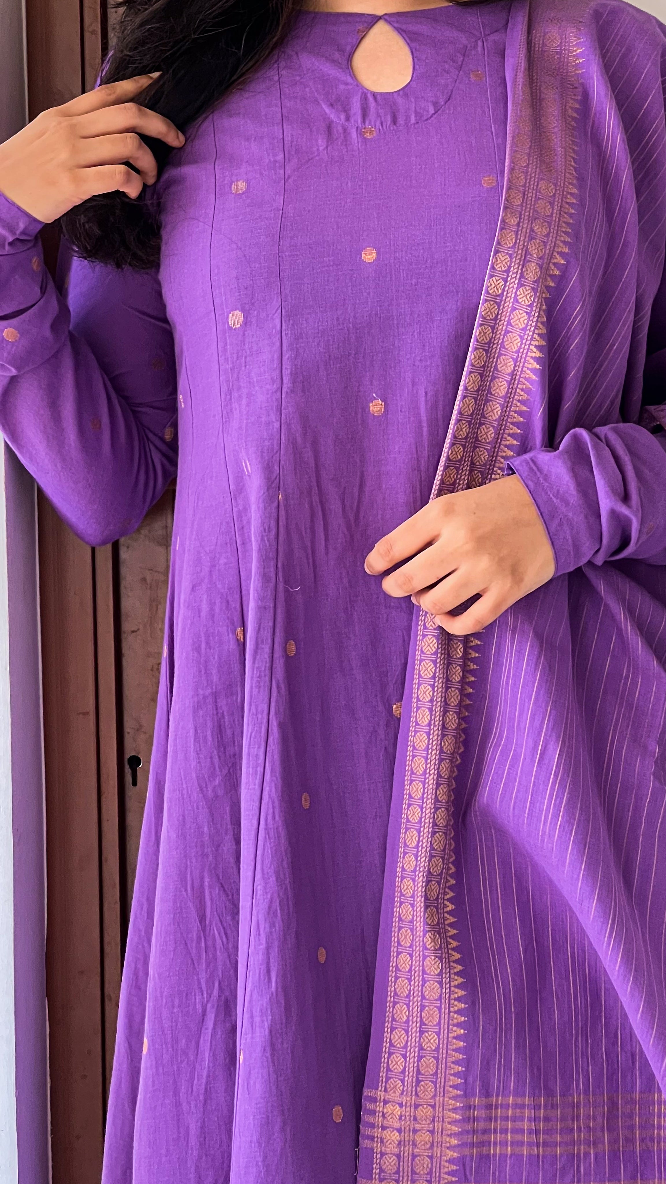 Instore - Violet Color South Cotton Anarkali Kurti with Dupatta, Gathered Sleeves