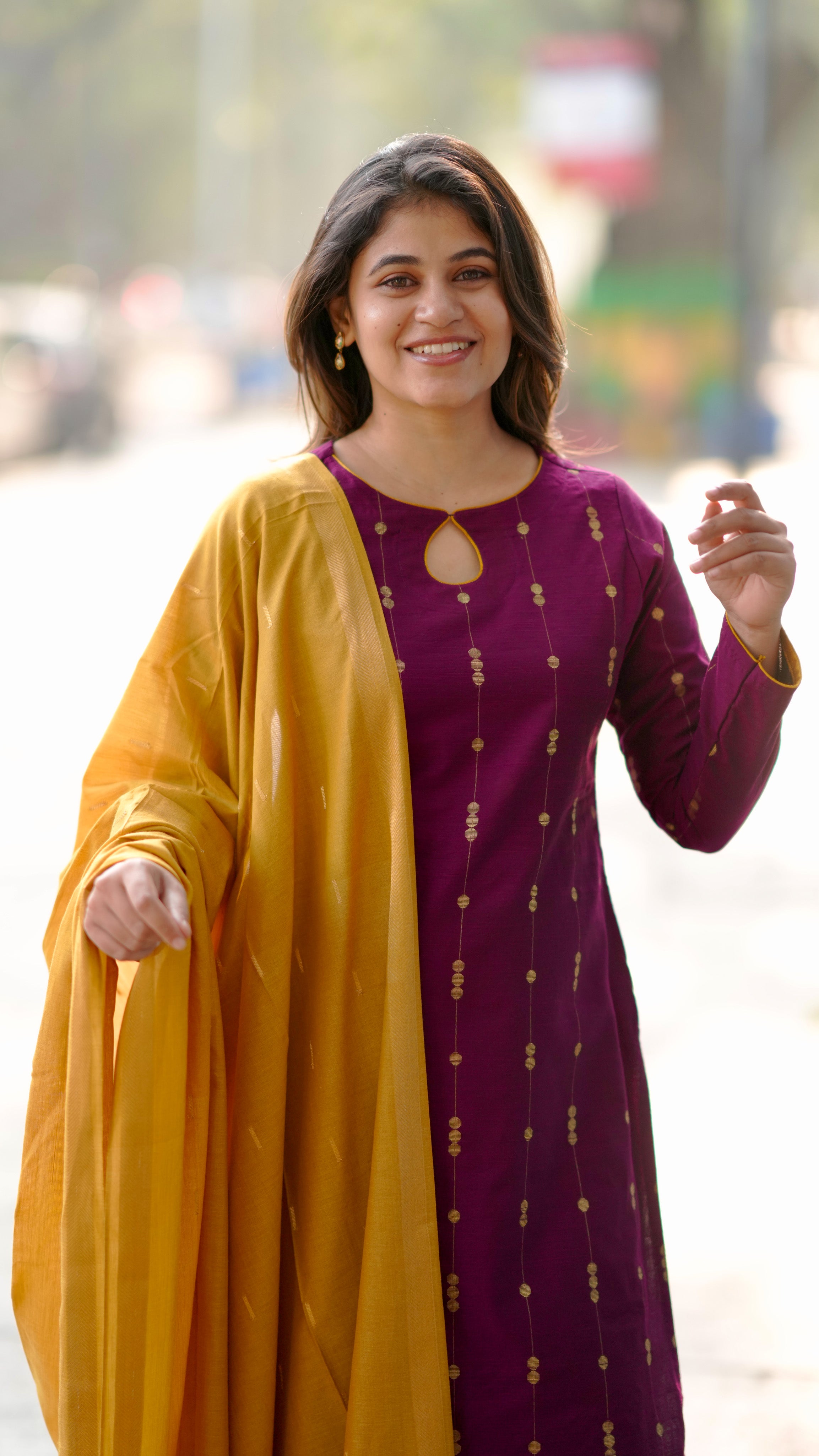 Plum silk cotton kurti with keyhole neckline and dupatta for daily wear and college wear