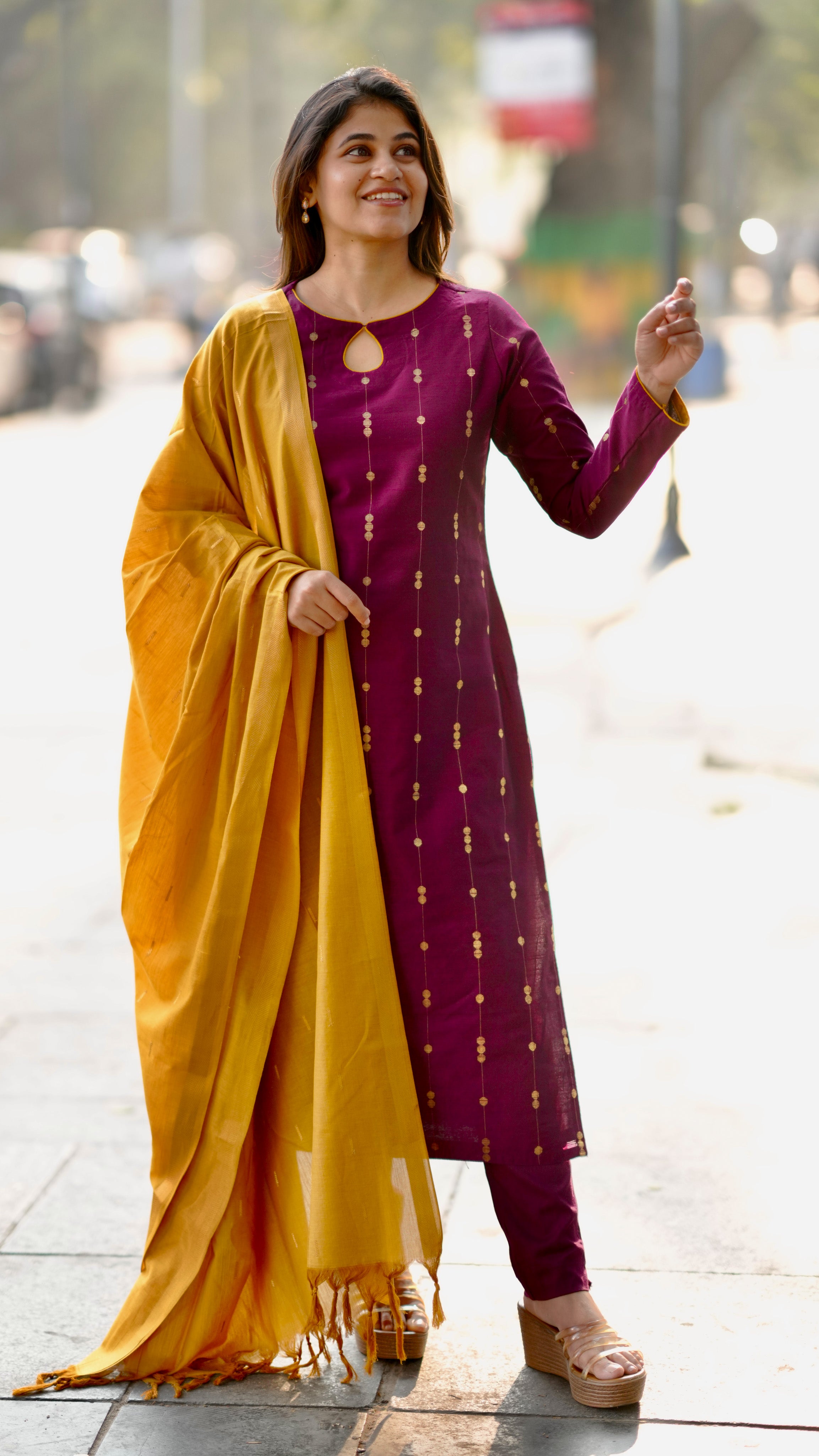 Plum silk cotton kurti with dupatta for daily wear, college wear, and ethnic wear