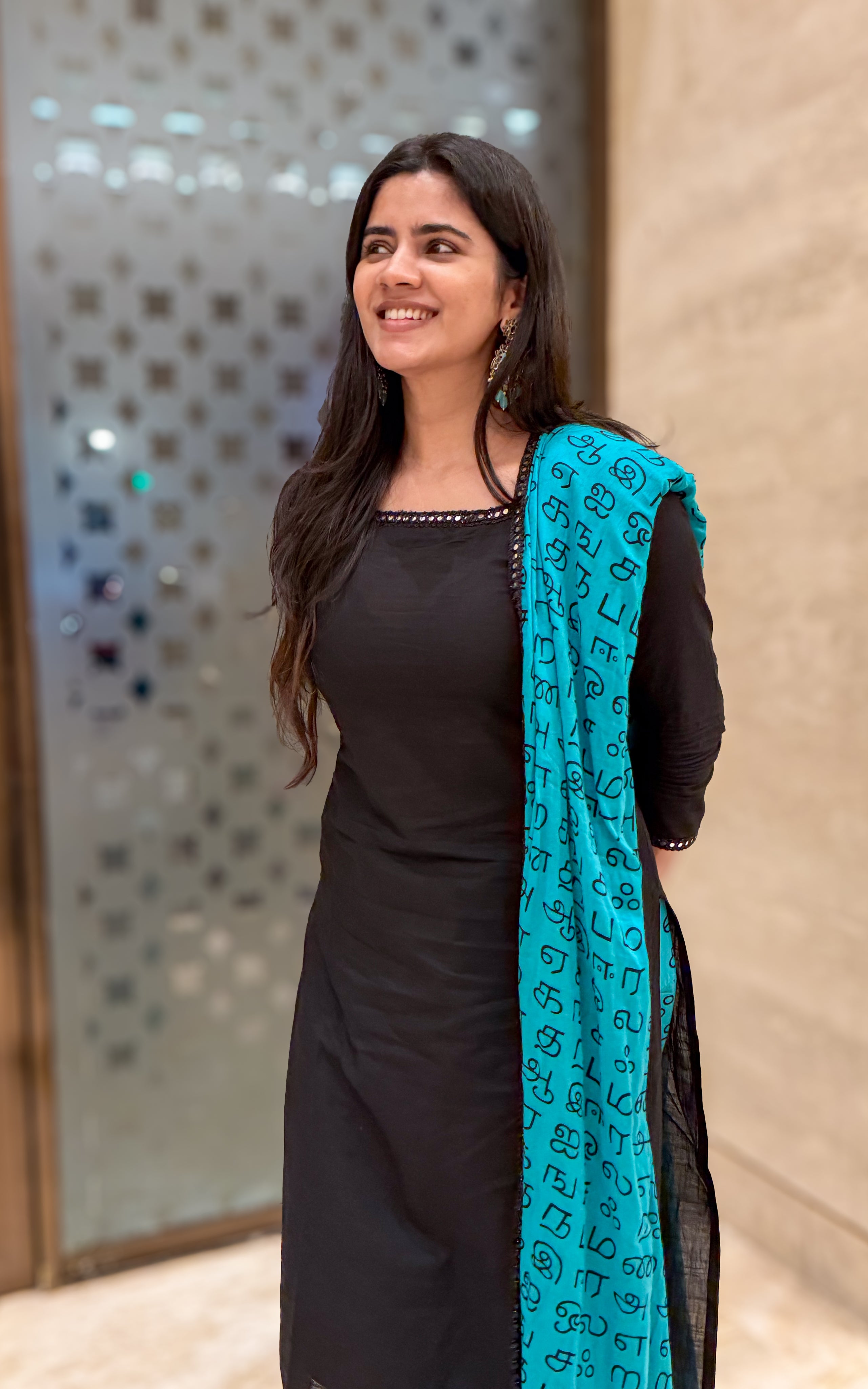 Instore - Black Cotton Kurti with Semi Patiyala Pant & Tamil Letter Dupatta 2.52 Mts