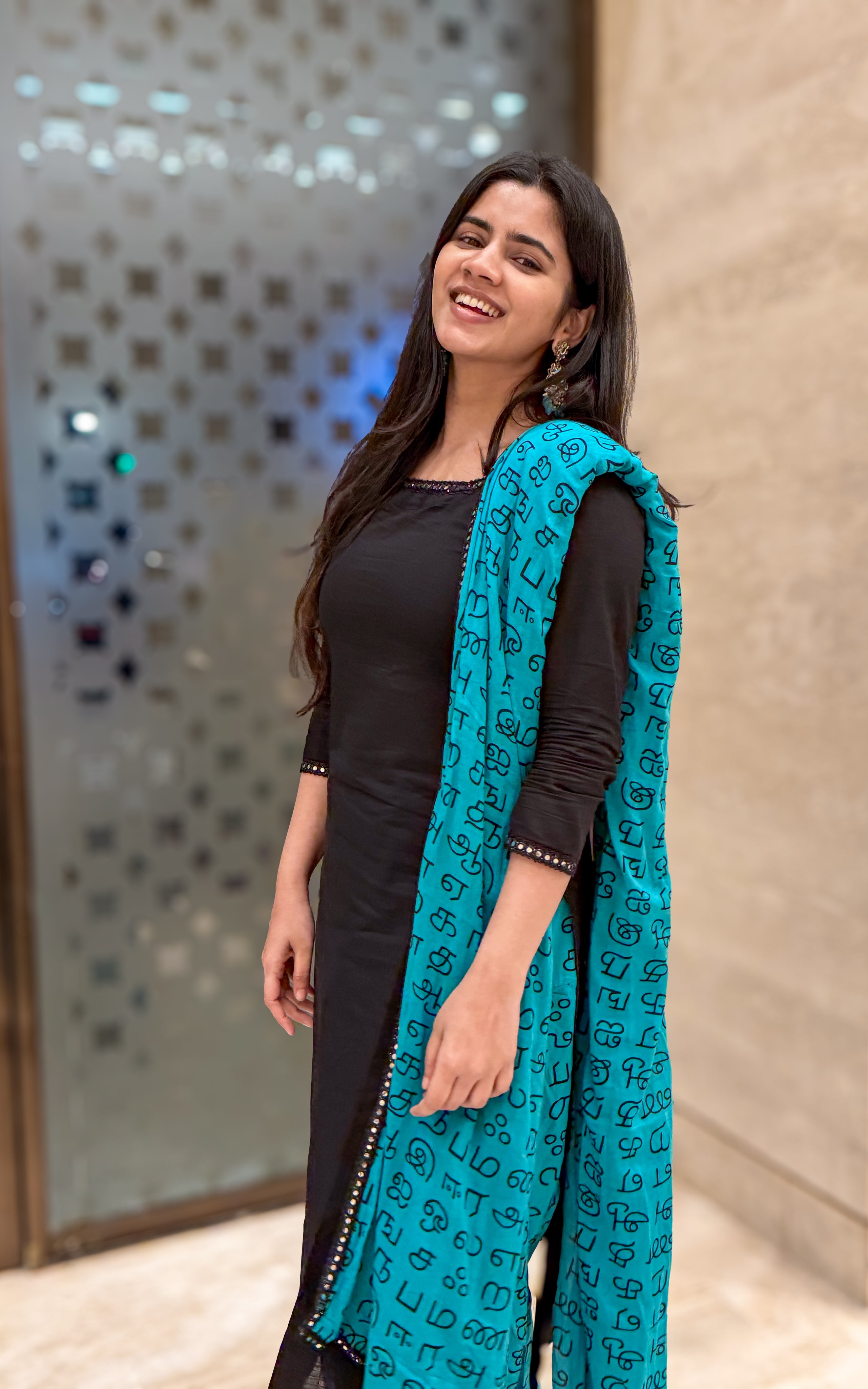 Instore - Black Cotton Kurti with Semi Patiyala Pant & Tamil Letter Printed Dupatta Set