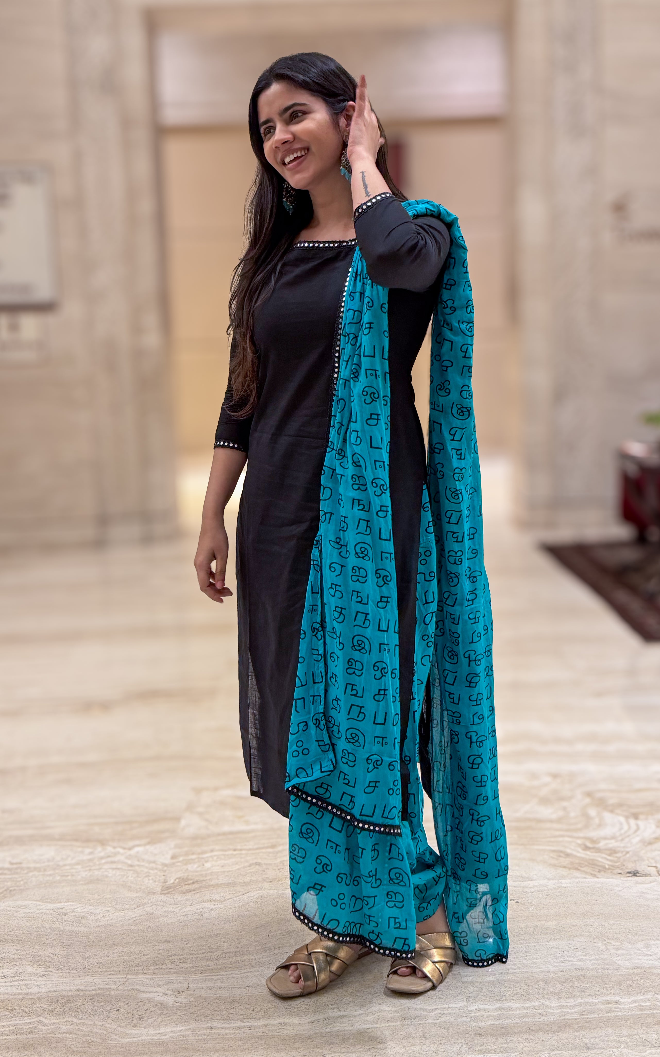 Instore - Black Cotton Kurti Pant Dupatta Set - Nayanthara Movie Recreation Ethnic Wear