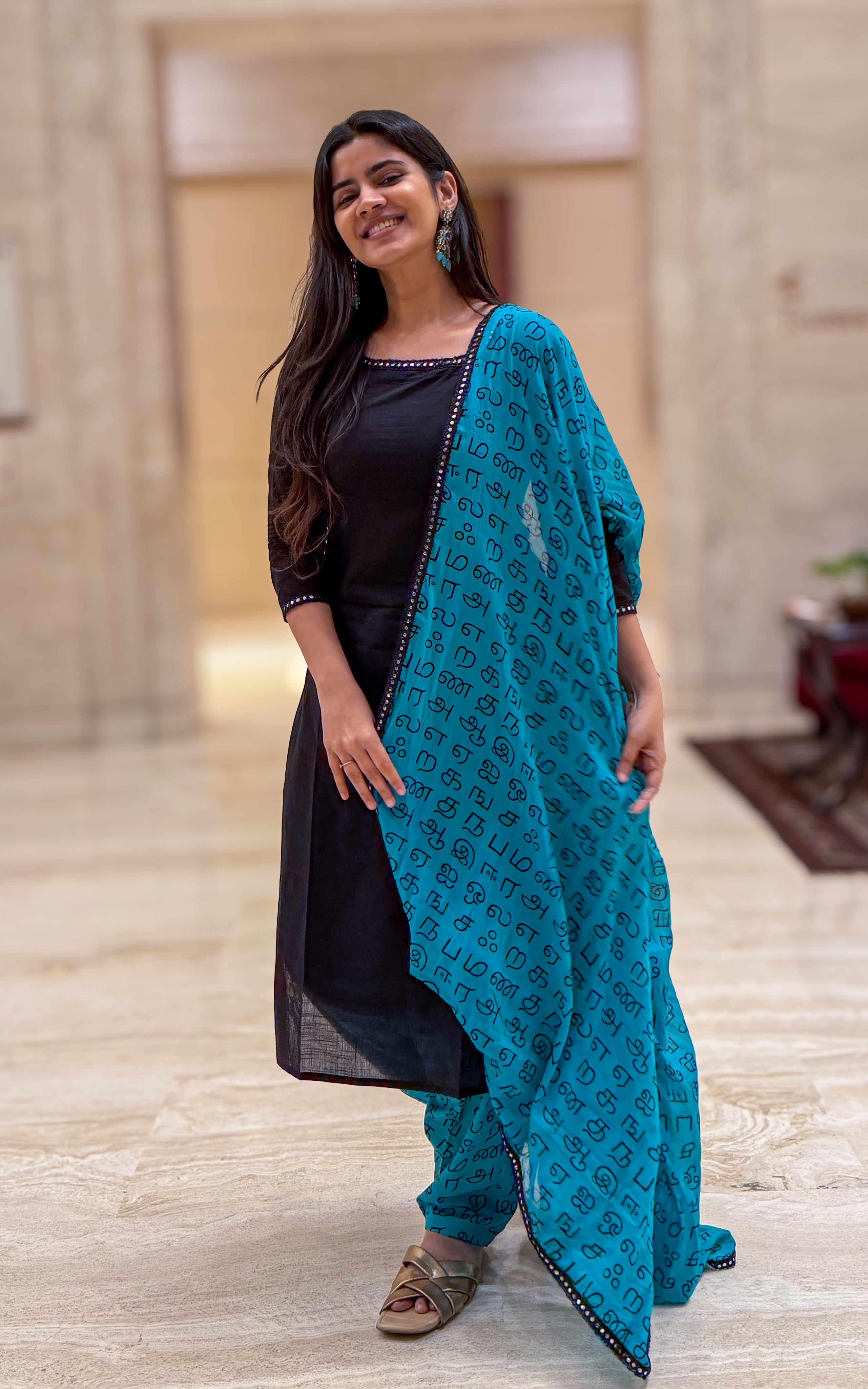 Instore - Black Cotton Straight Cut Kurti with Semi Patiyala Pant & Tamil Letter Dupatta