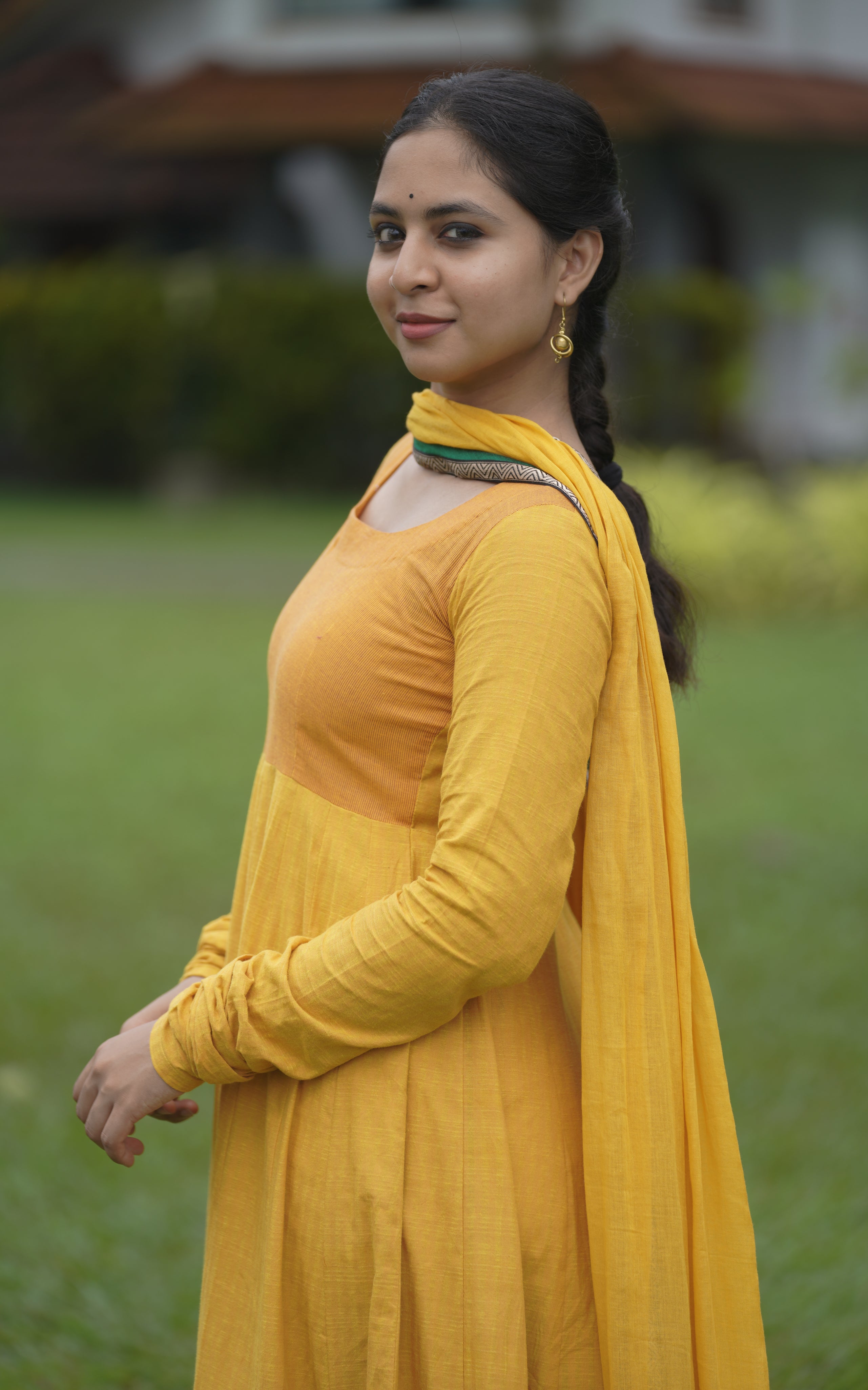 Ethnic wear yellow dress with handblock border