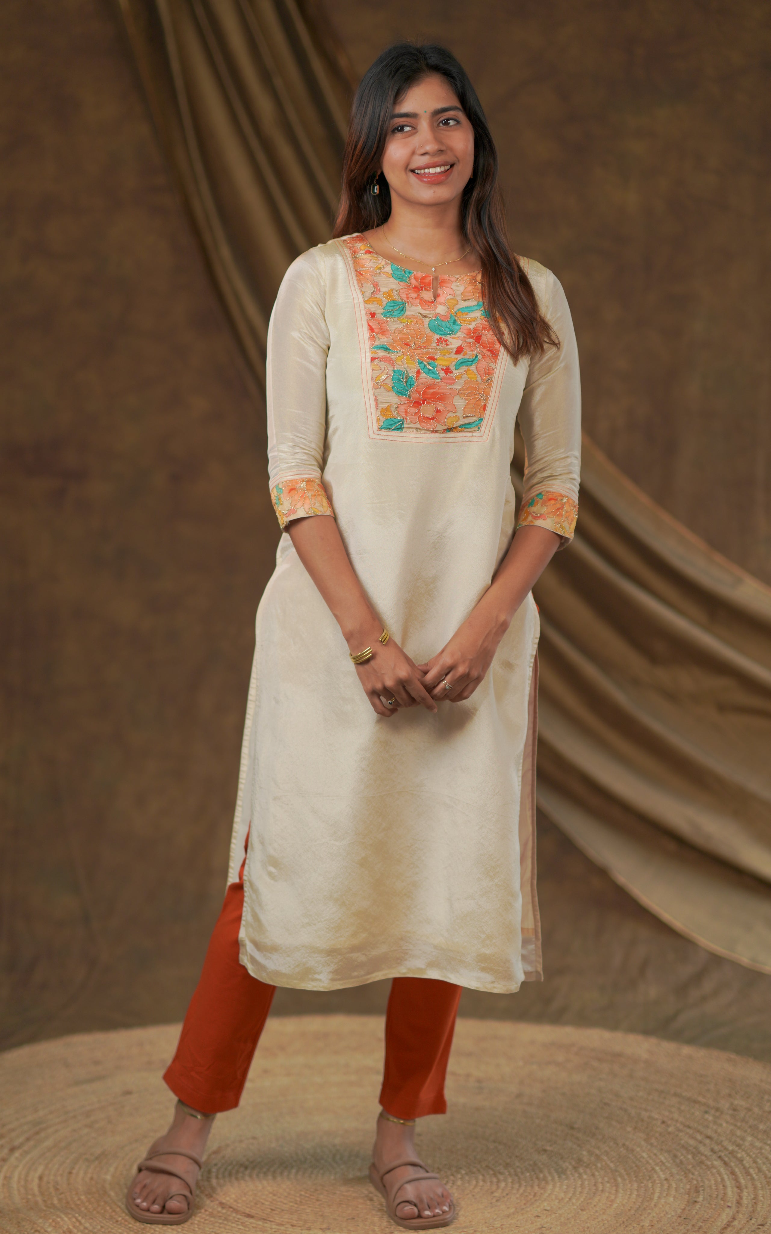 floral embroidery straight cut kurti for women