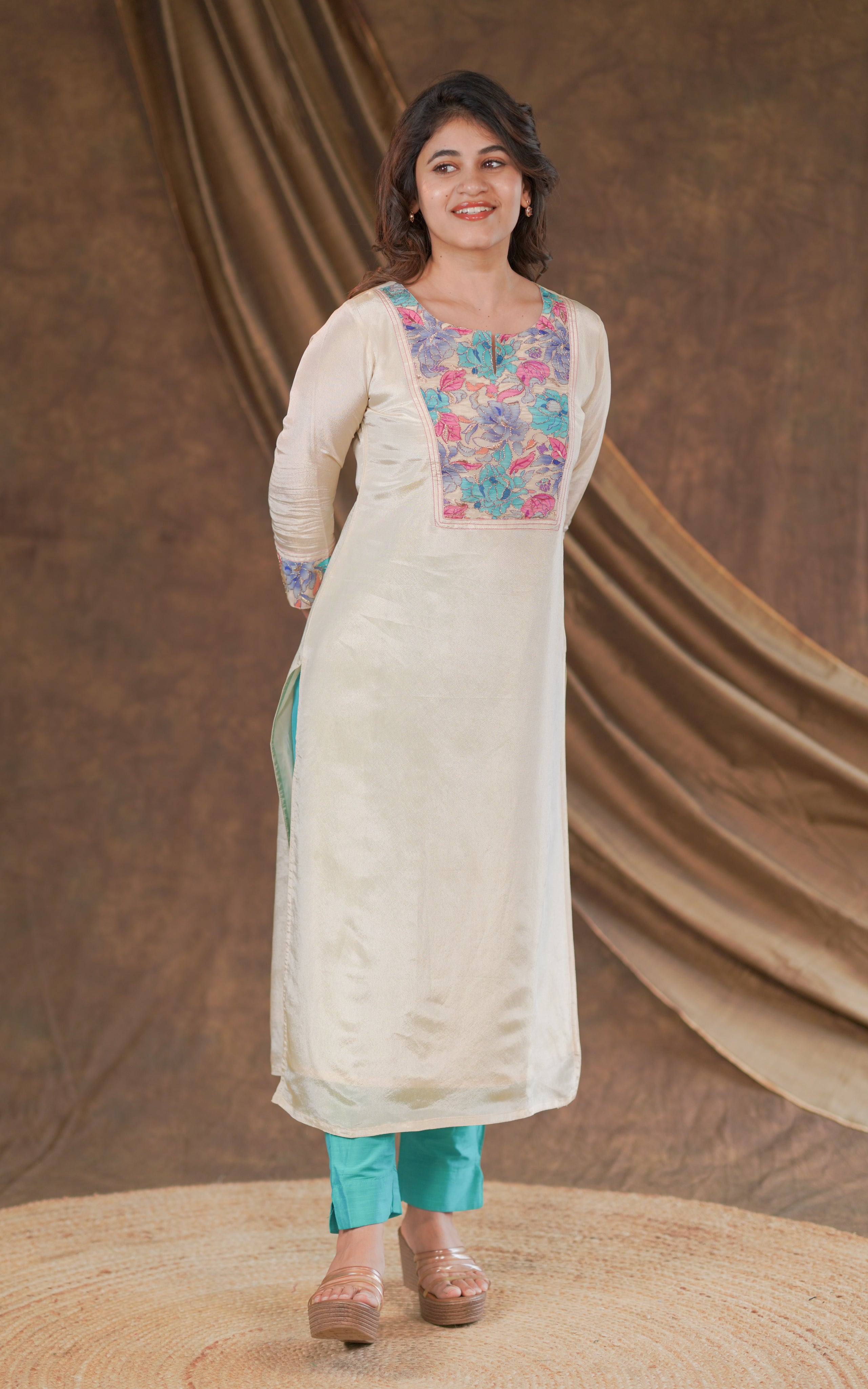 floral embroidery straight cut kurti for women