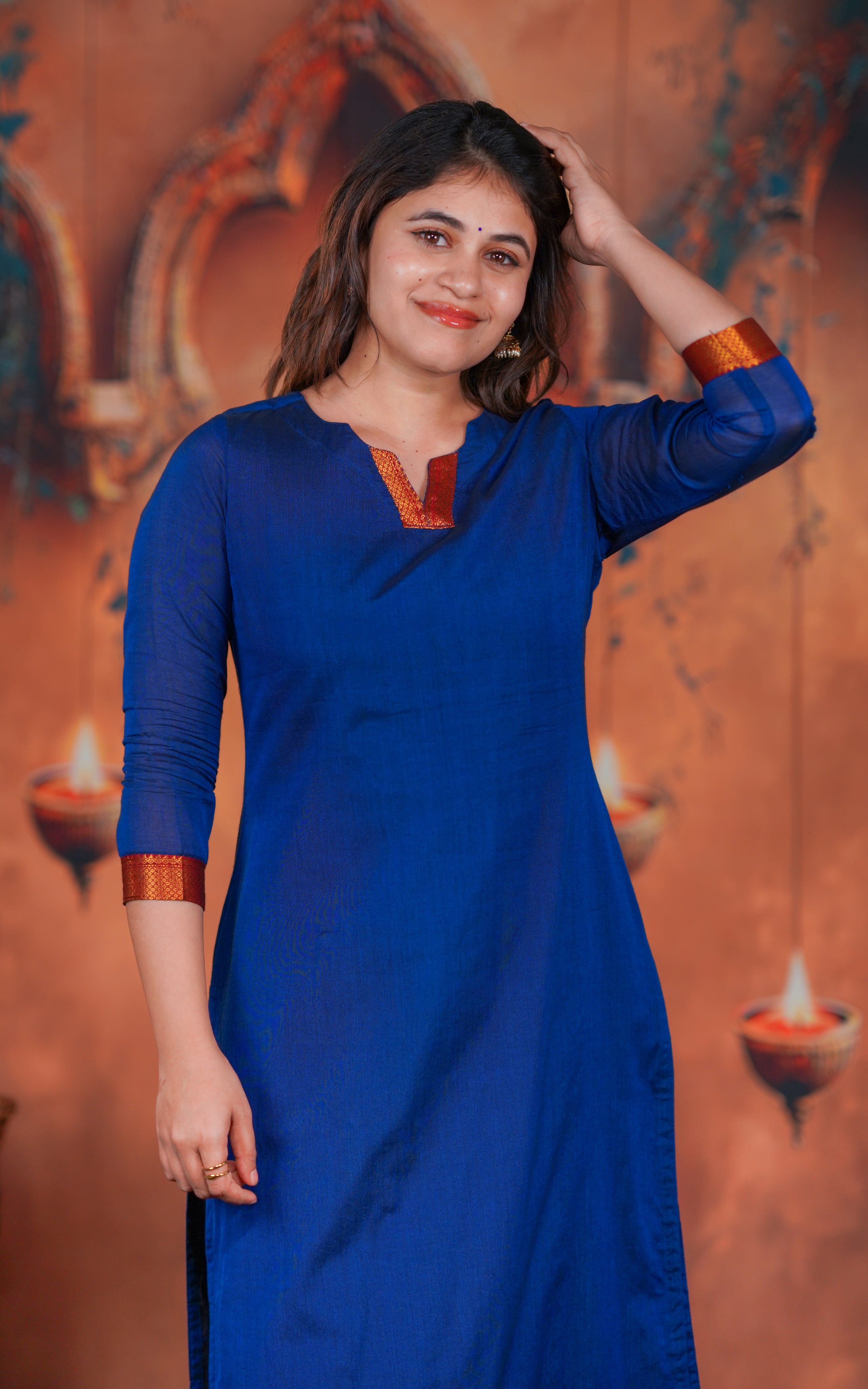straight-cut kurti with contrast zari-bordered