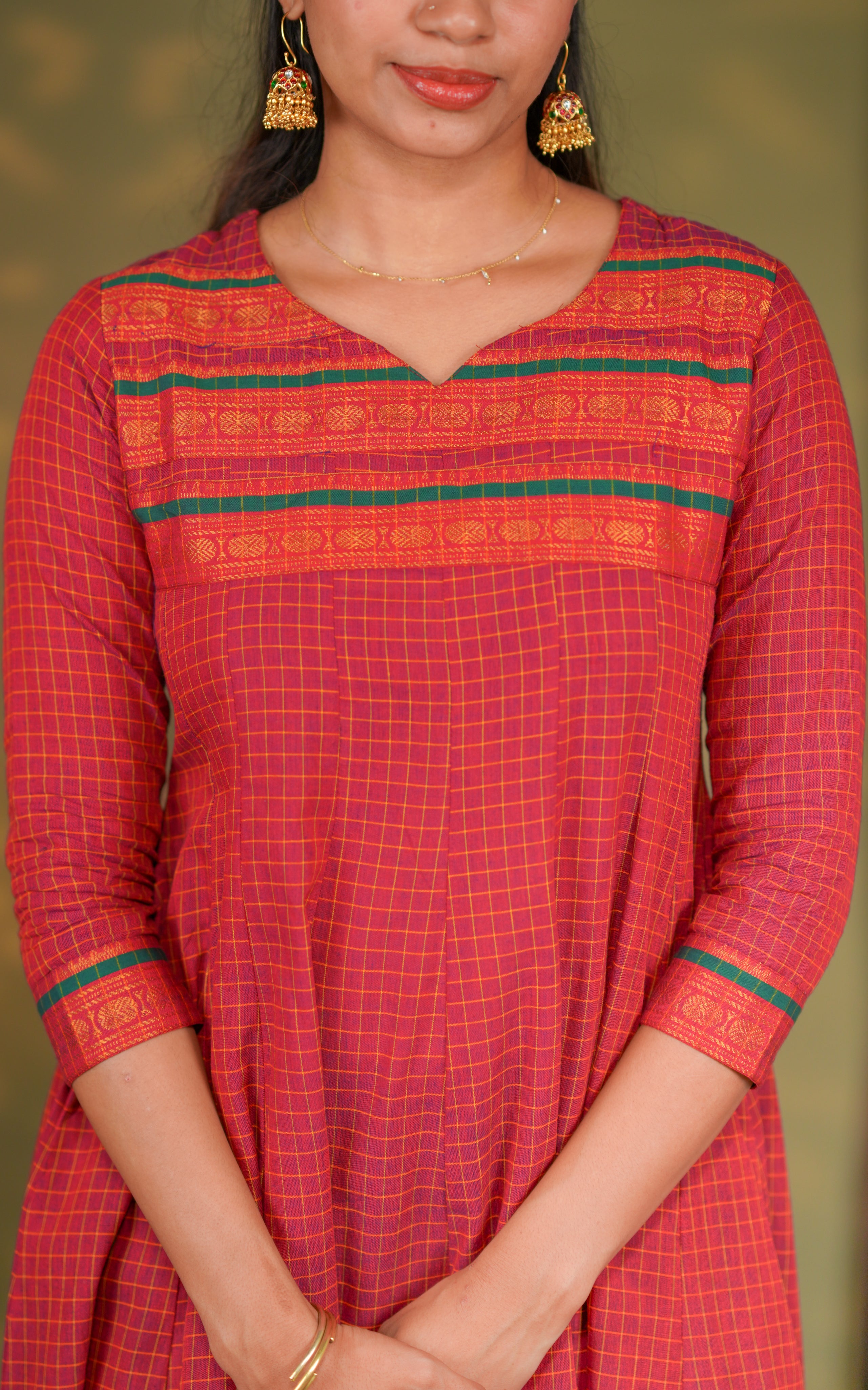 Reddish pink checked anarkali