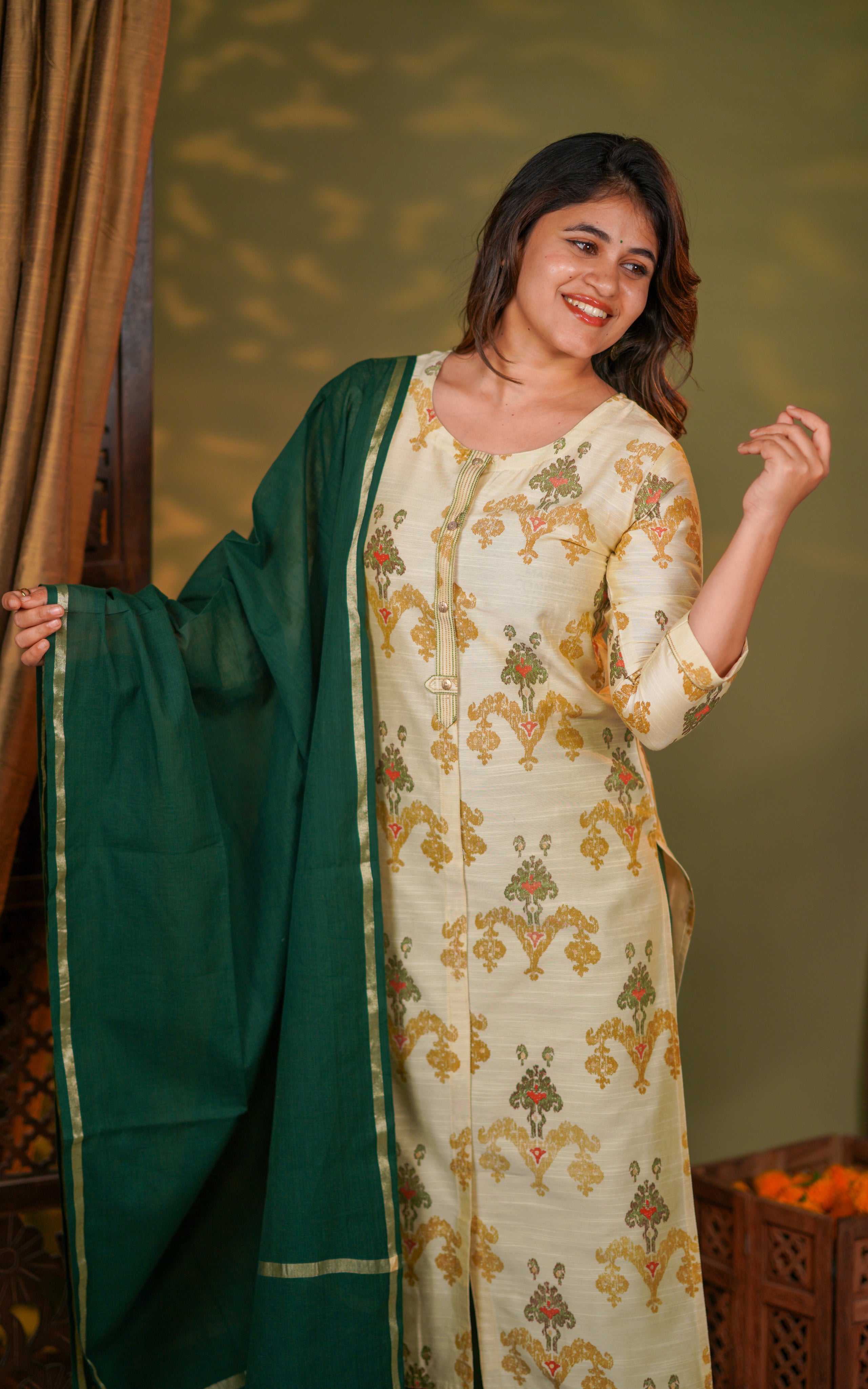 Instore – Beige & Green Yaazhini Kurti with Dupatta for Women – Silk Cotton – Festive Ethnic Wear