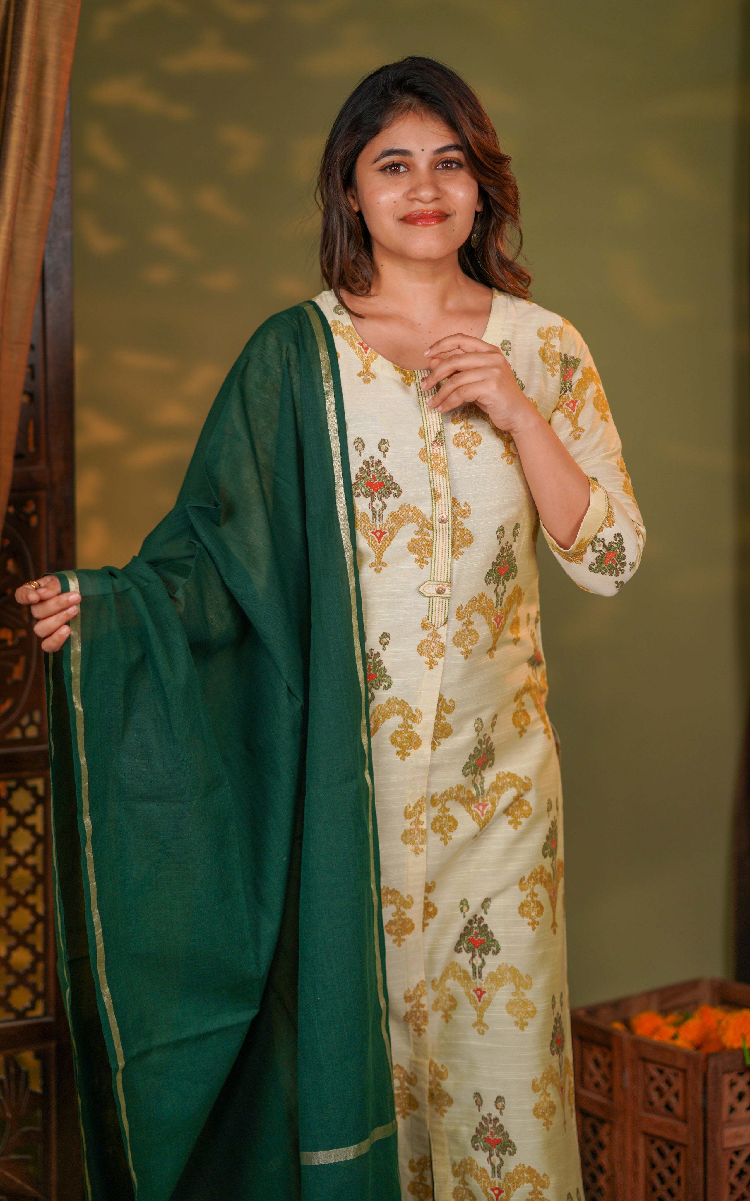 Instore – Beige & Green Yaazhini Kurti with Dupatta for Women – Silk Cotton – Festive Ethnic Wear