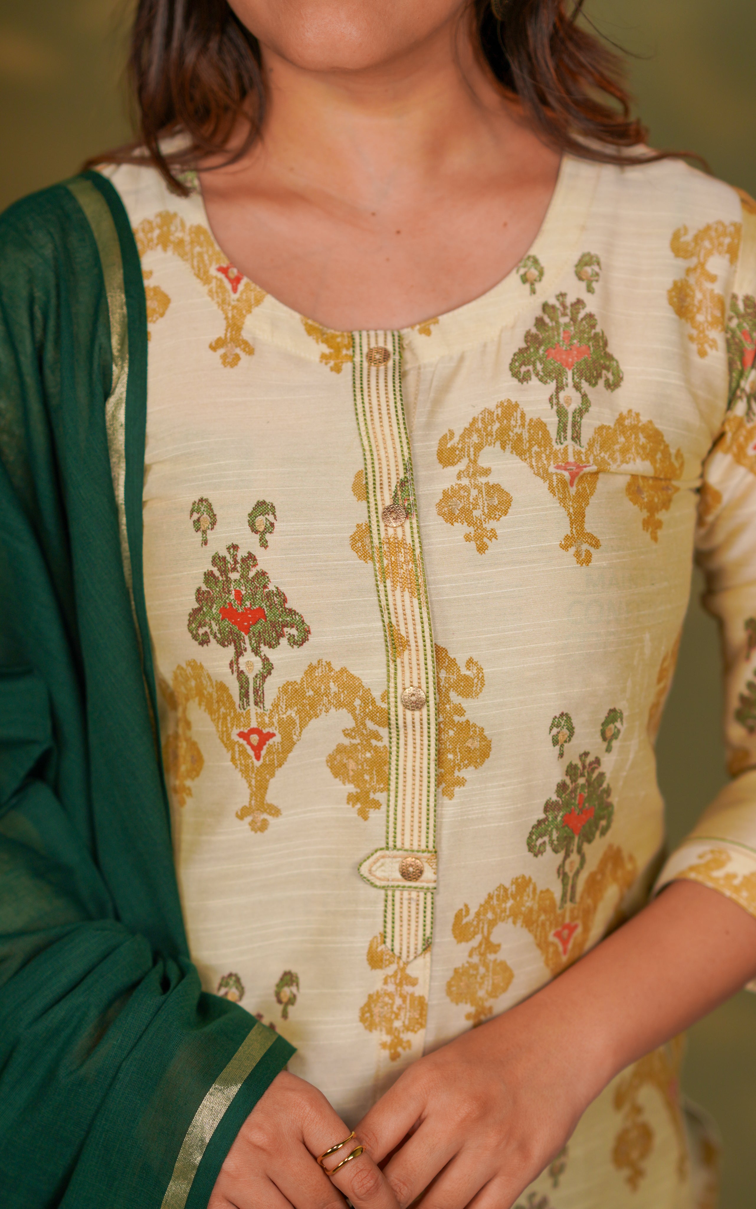 Instore – Beige & Green Yaazhini Kurti with Dupatta for Women – Silk Cotton – Festive Ethnic Wear