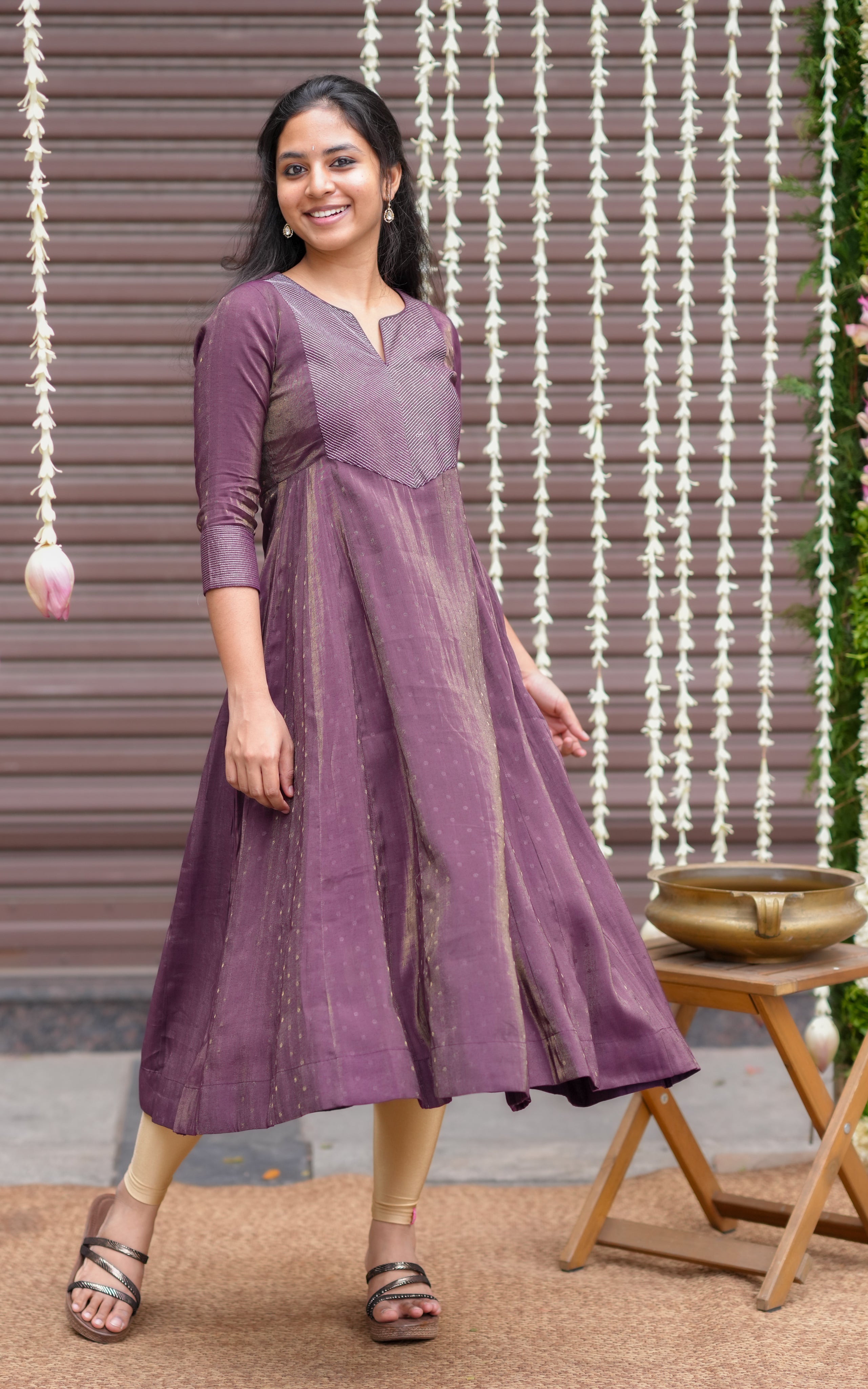 Instore - Plum Silk Cotton Full Flared Anarkali Kurti, Festive Ethnic Wear