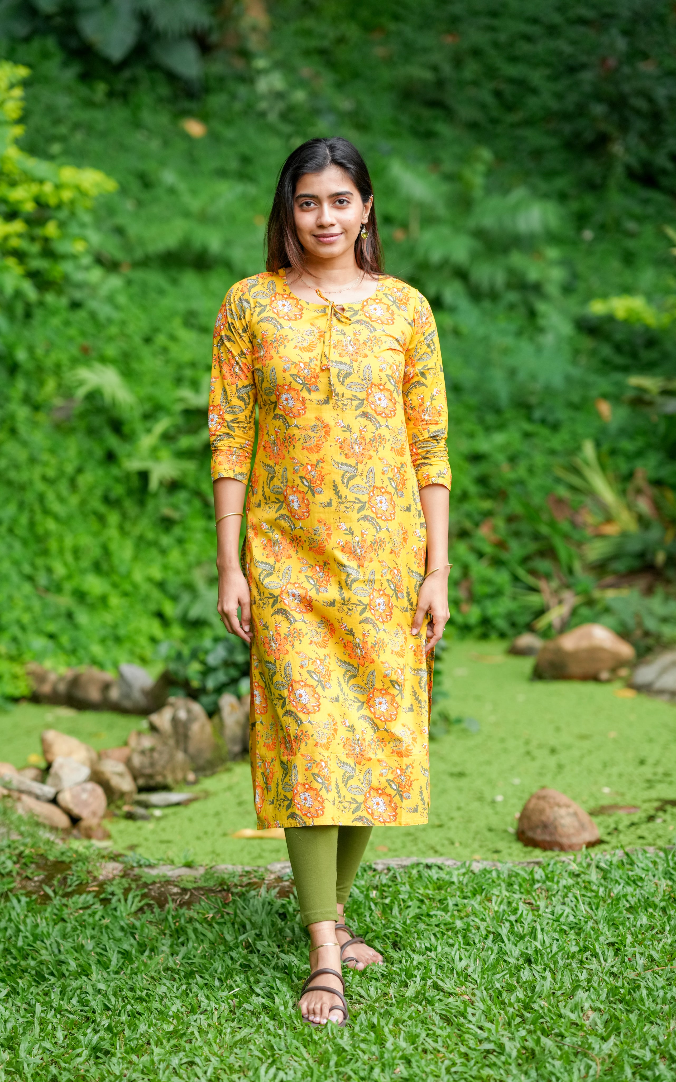 Instore – Vahini Yellow Cotton Handblock Printed Straight Cut Kurti with Side Slit and Cotton Dupatta – Women's Ethnic Wear