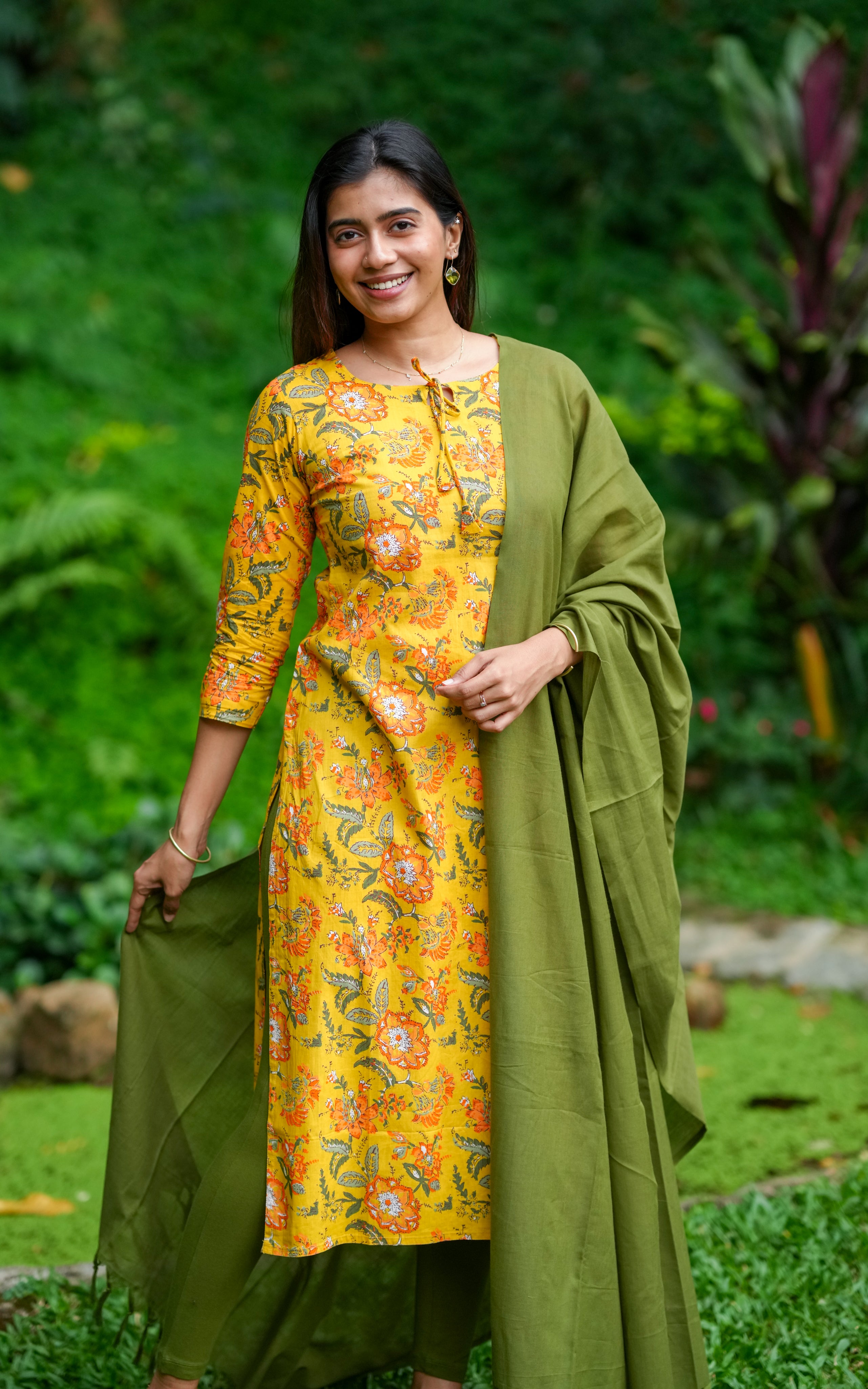Instore – Vahini Yellow Cotton Handblock Printed Straight Cut Kurti with Side Slit and Cotton Dupatta – Women's Ethnic Wear