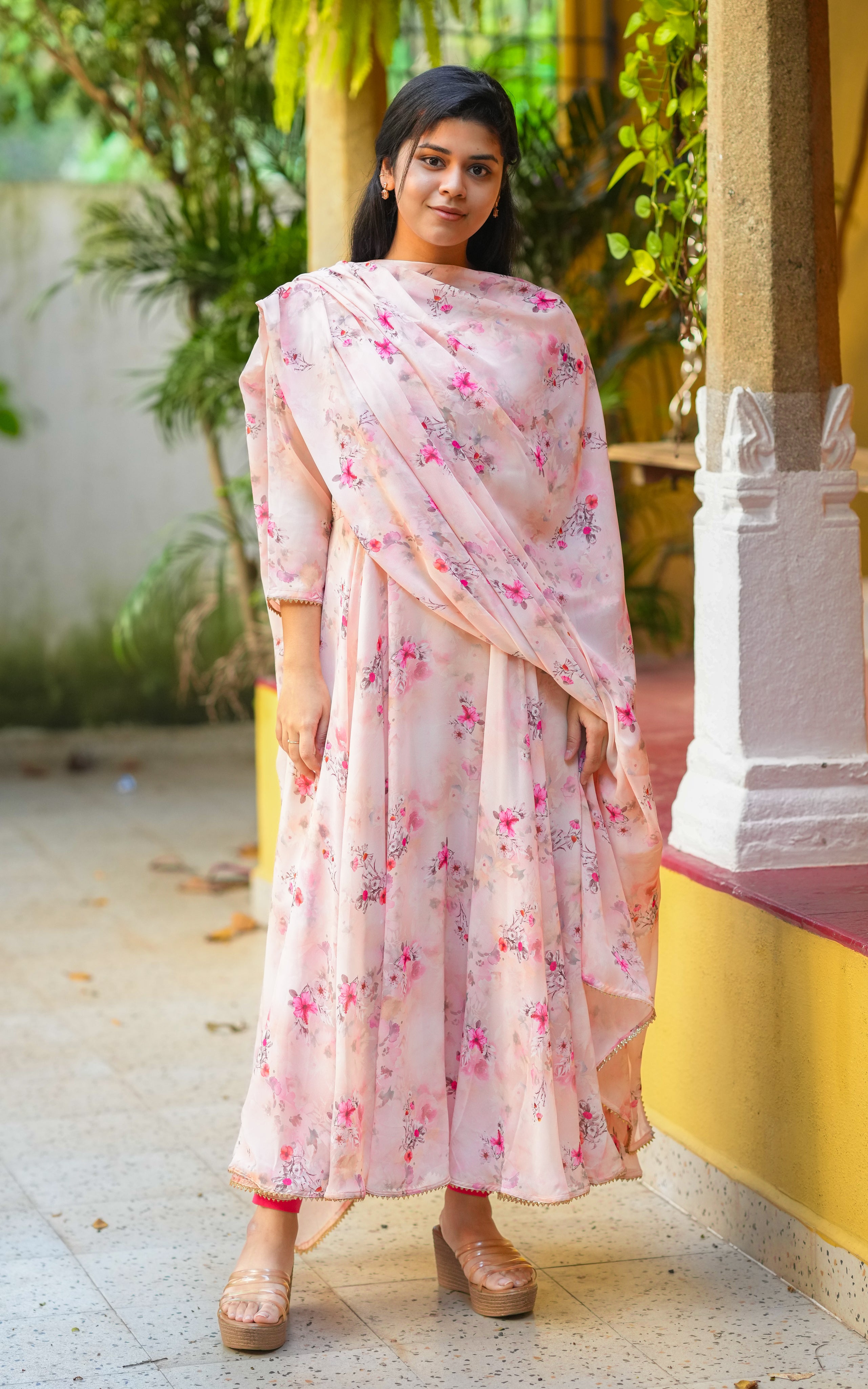 Instore - Peach Color Georgette Full Flared Anarkali Kurti with Dupatta and Butter Crepe Lining
