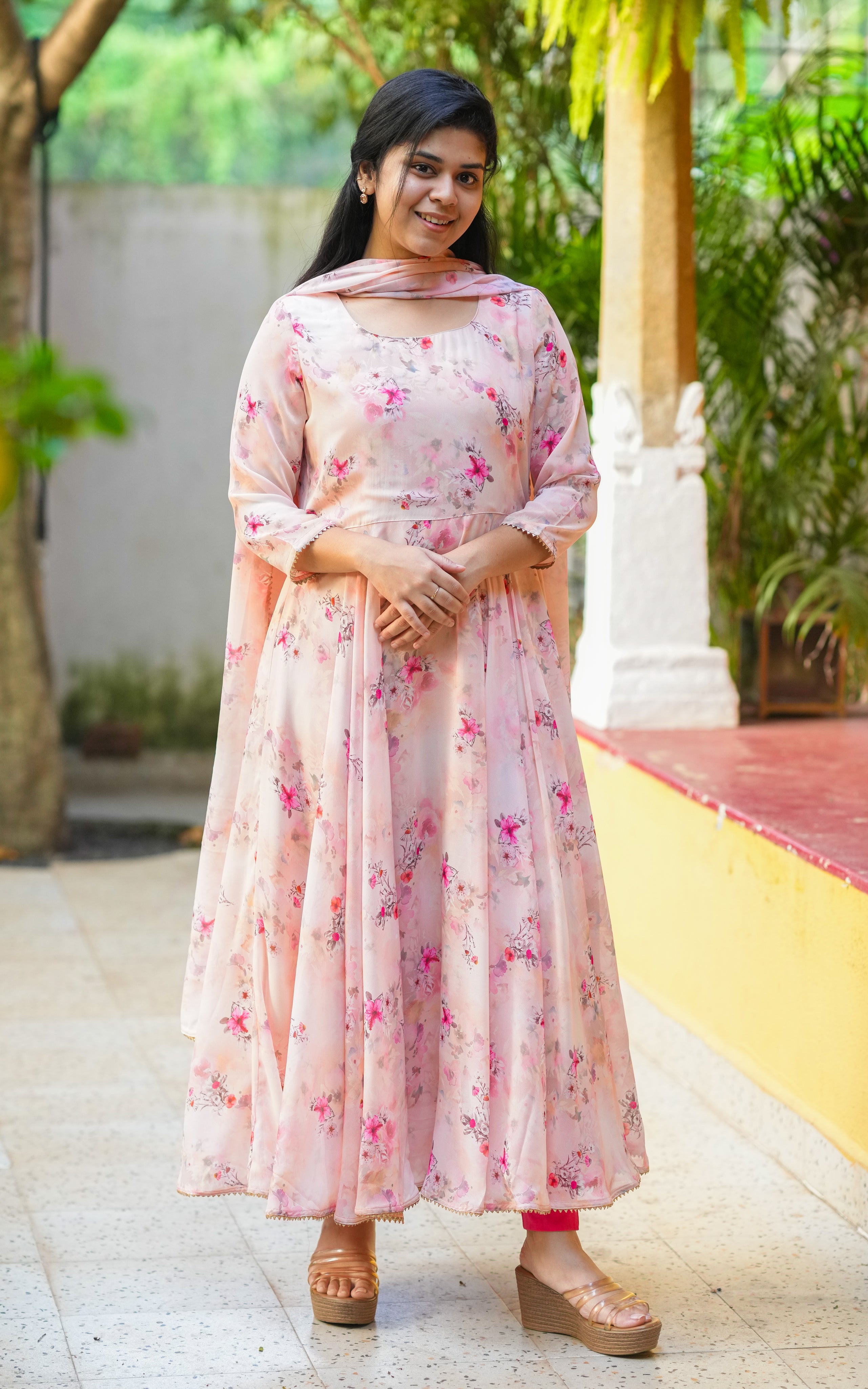 Instore - Peach Color Georgette Full Flared Anarkali Kurti with Dupatta and Butter Crepe Lining