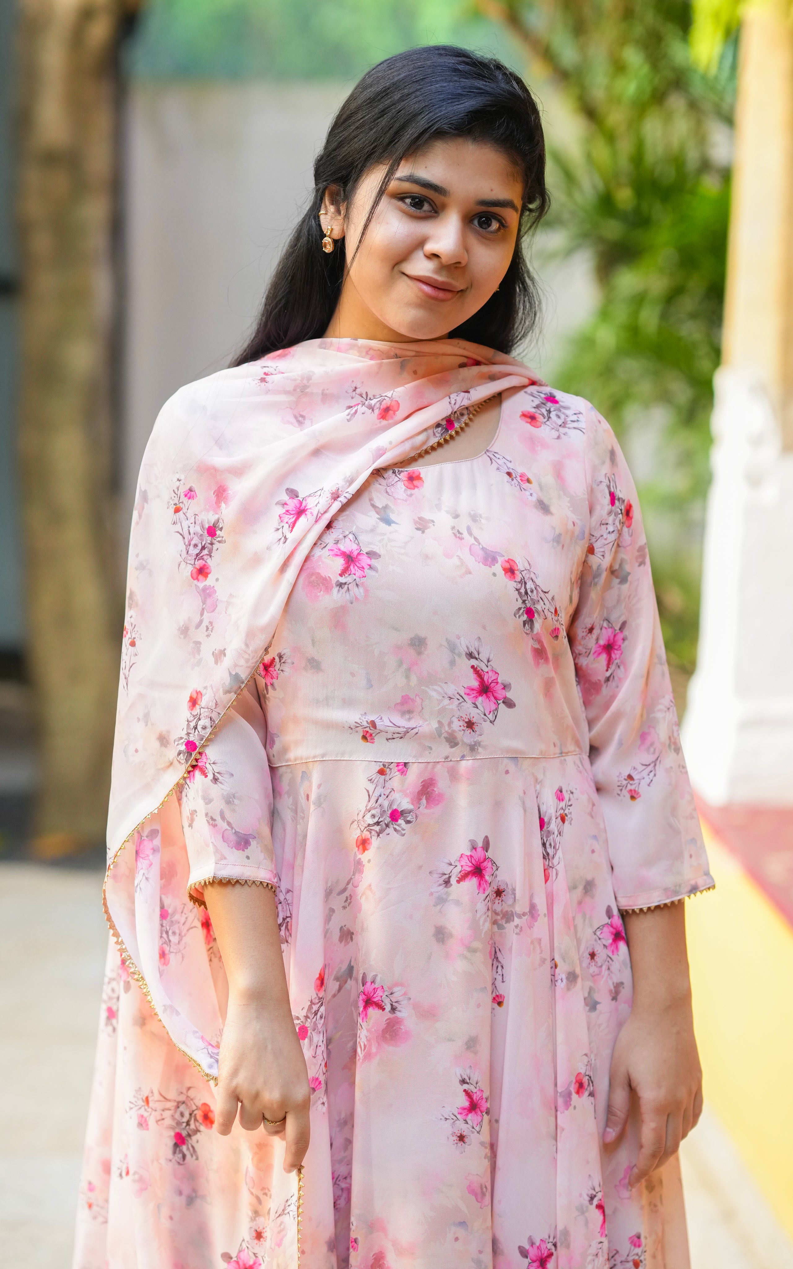 Instore - Peach Color Georgette Full Flared Anarkali Kurti with Dupatta and Butter Crepe Lining