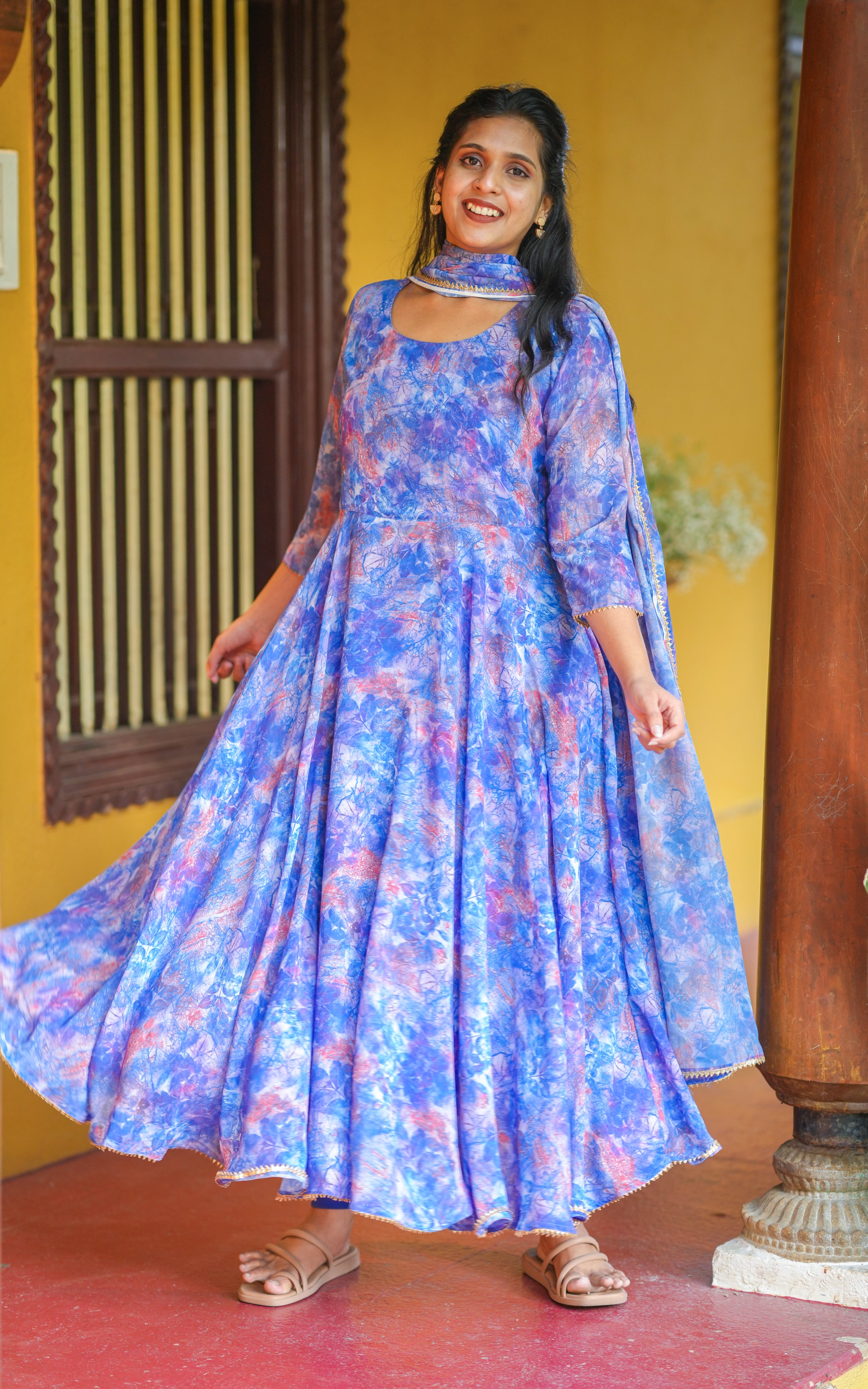 Instore - Blue Color Georgette Full Flared Anarkali with Dupatta with Butter Crepe Lining
