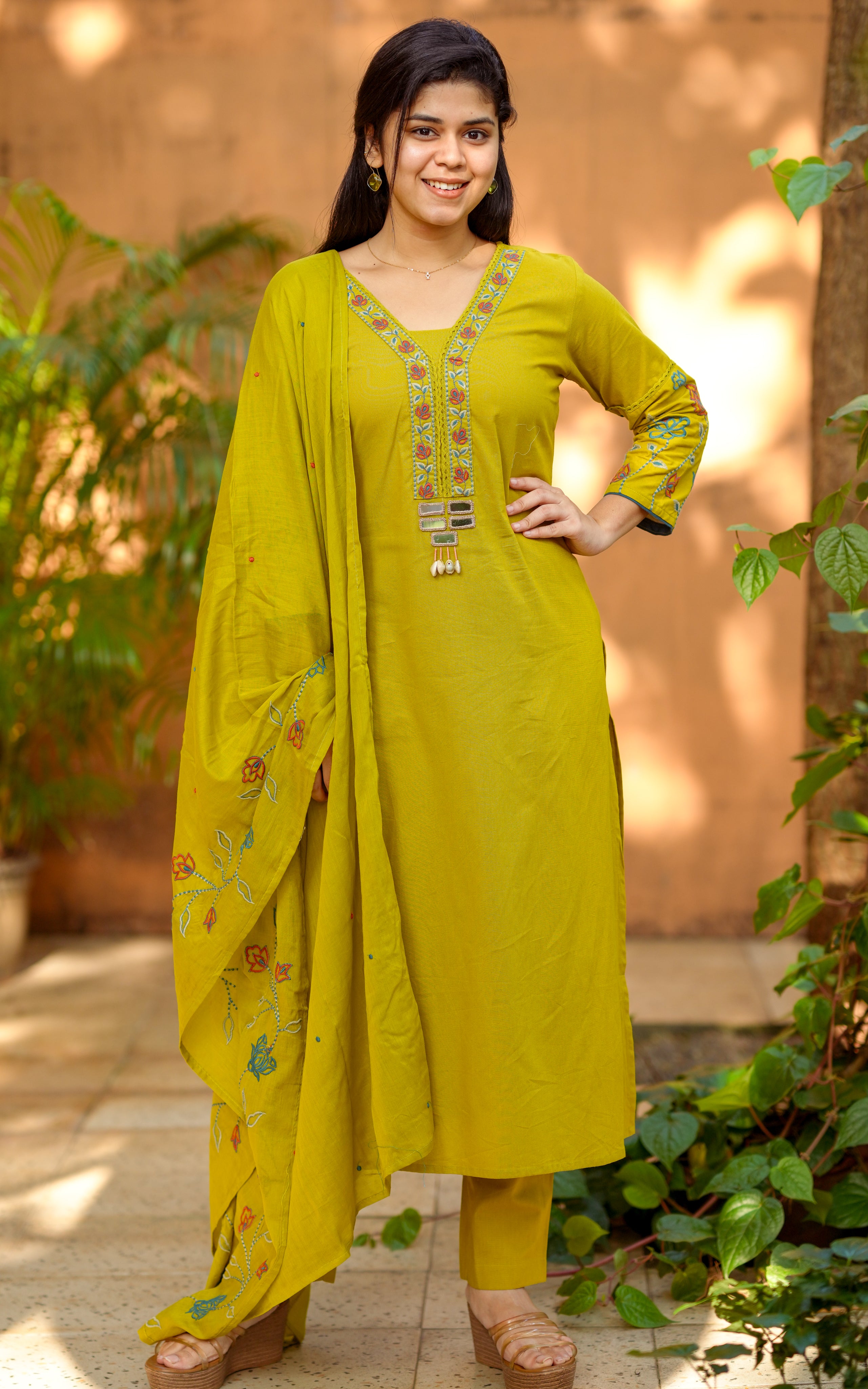 Floral and Mirror Embroidered Straight Cut Kurti sets