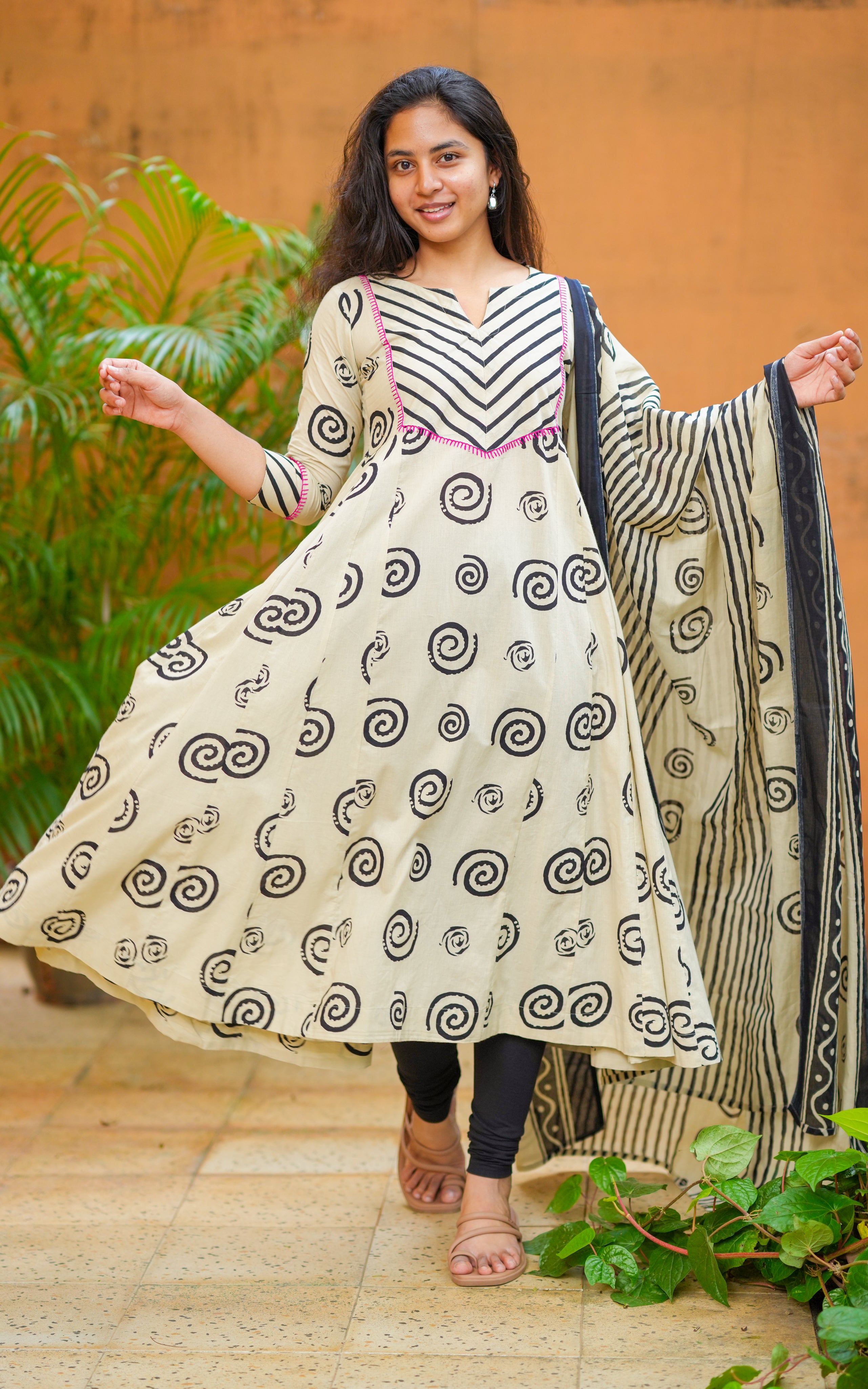 Instore - Beige & Black Color Cotton Anarkali with Chevron Print on the Yoke with Dupatta Featuring Stripes & No Lining