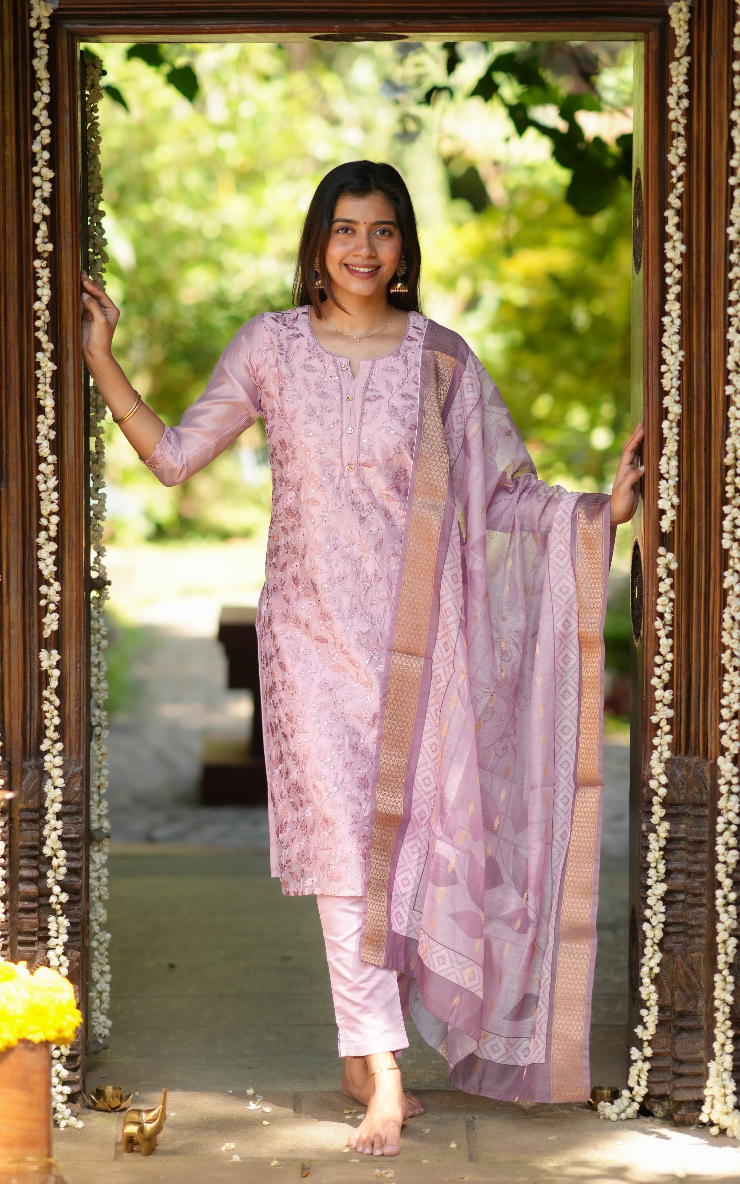 Instore – Onion Pink Rithuska Kurti Pant Dupatta Set for Women – Art Silk – Festive Ethnic Wear