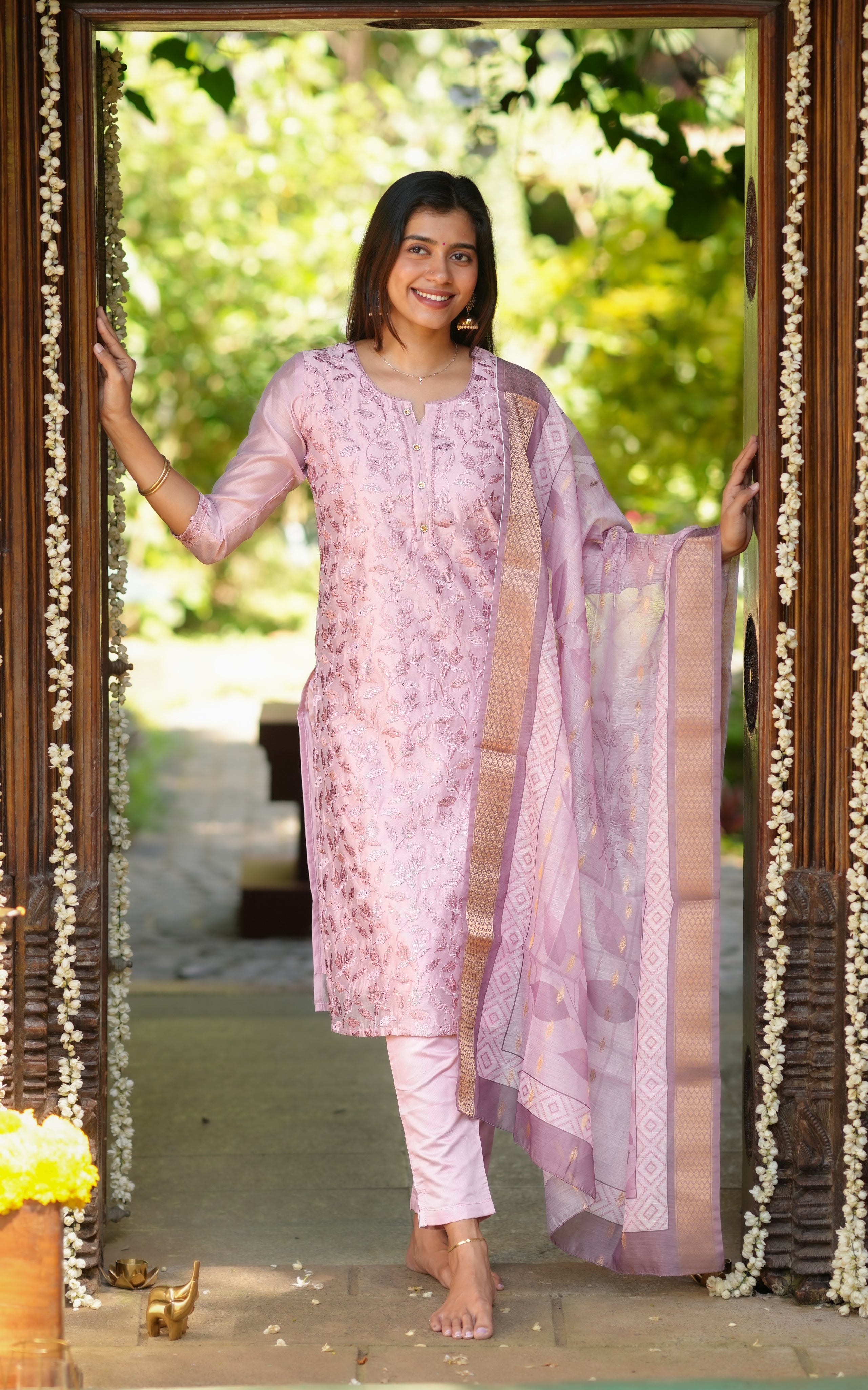 Instore – Onion Pink Rithuska Kurti Pant Dupatta Set for Women – Art Silk – Festive Ethnic Wear