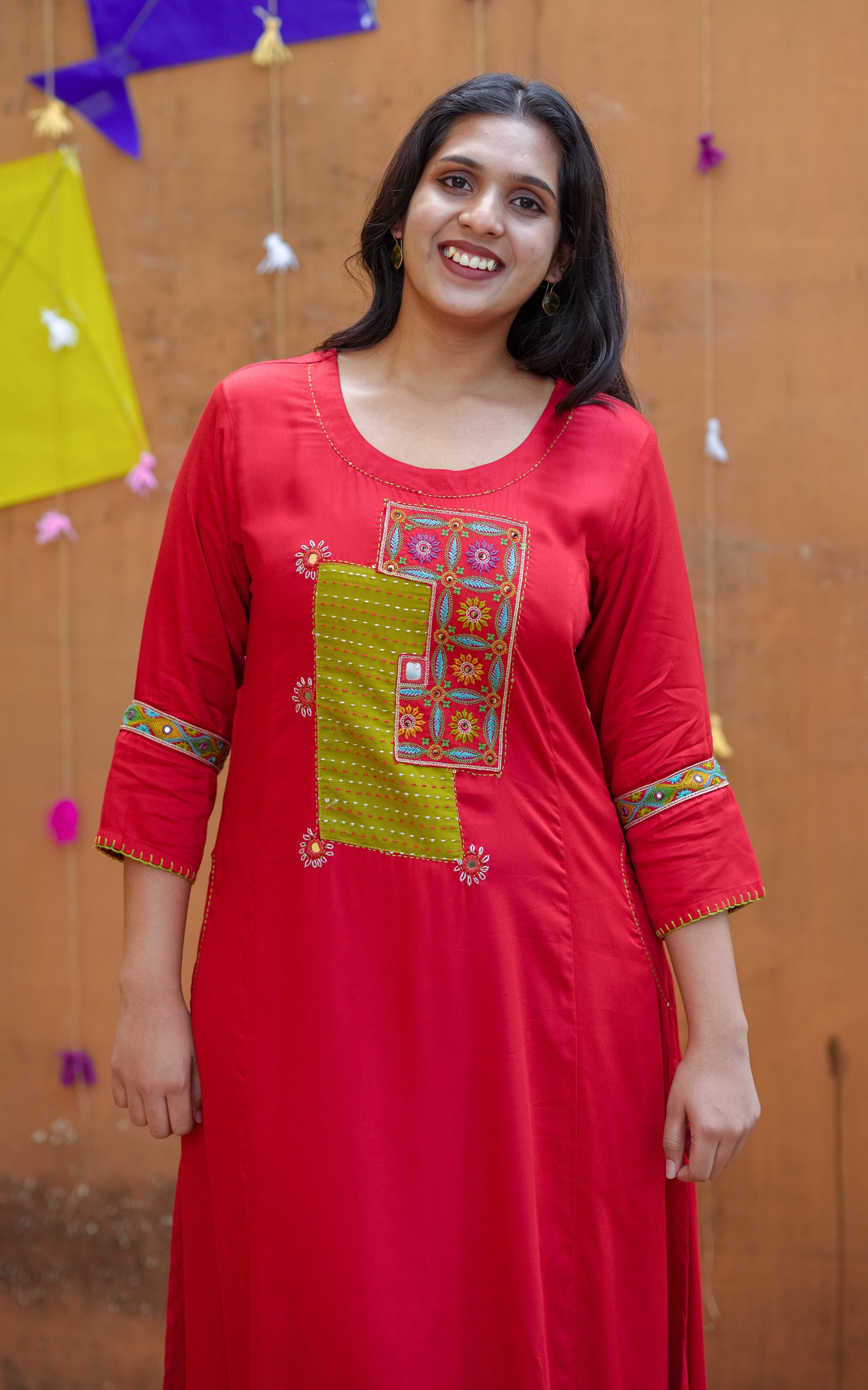 Instore - Bright Red Color Art Silk, Aline Embroidered Kurti with Side Slit & Double Side Pockets & Pant with One Side Pocket