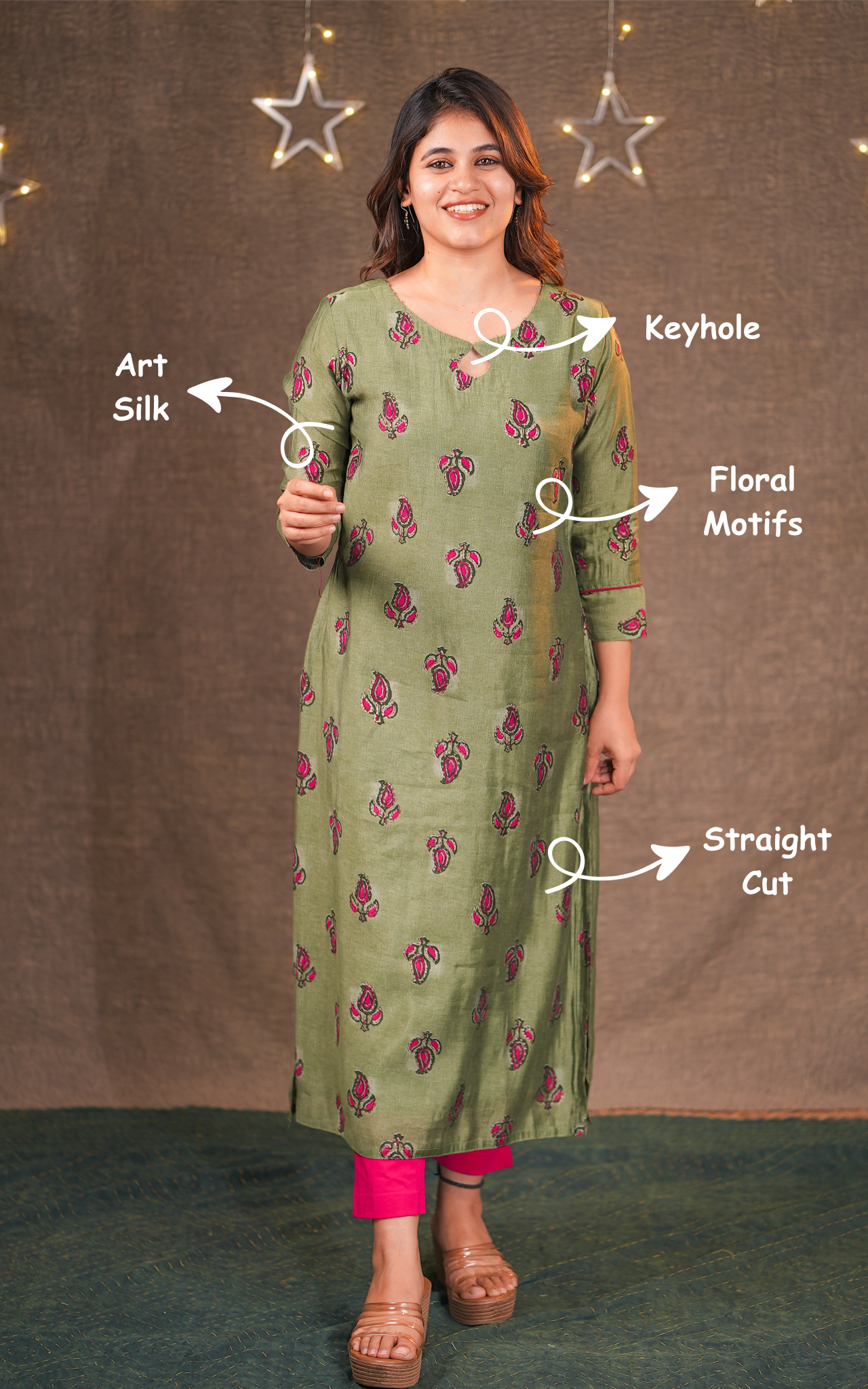 Instore - Olive & Green Color Art Silk Straight Cut kurti designed with a stylish keyhole neckline & Cotton Lining