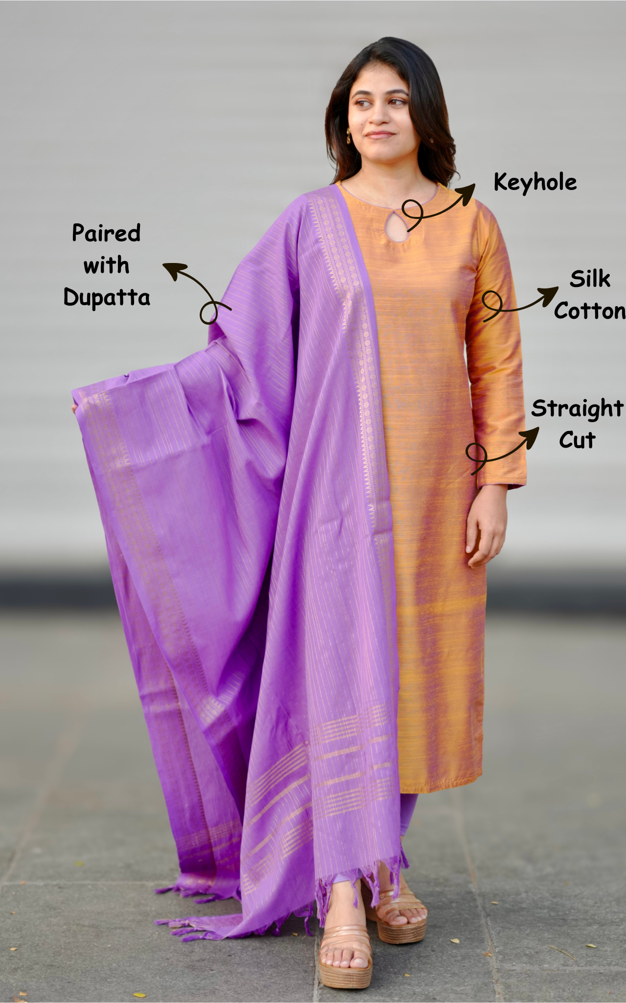 Comfortable silk cotton kurti with golden beige dupatta ideal for college wear, daily wear, and ethnic wear