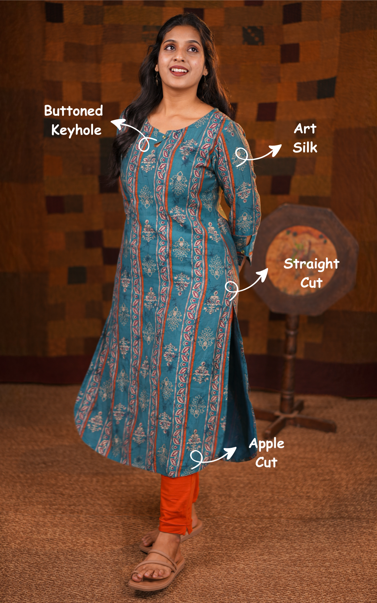 Instore - Ocean Blue Color Art Silk Straight Cut kurti with an Apple Cut Bottom Finish Keyhole Neckline & Sleeves