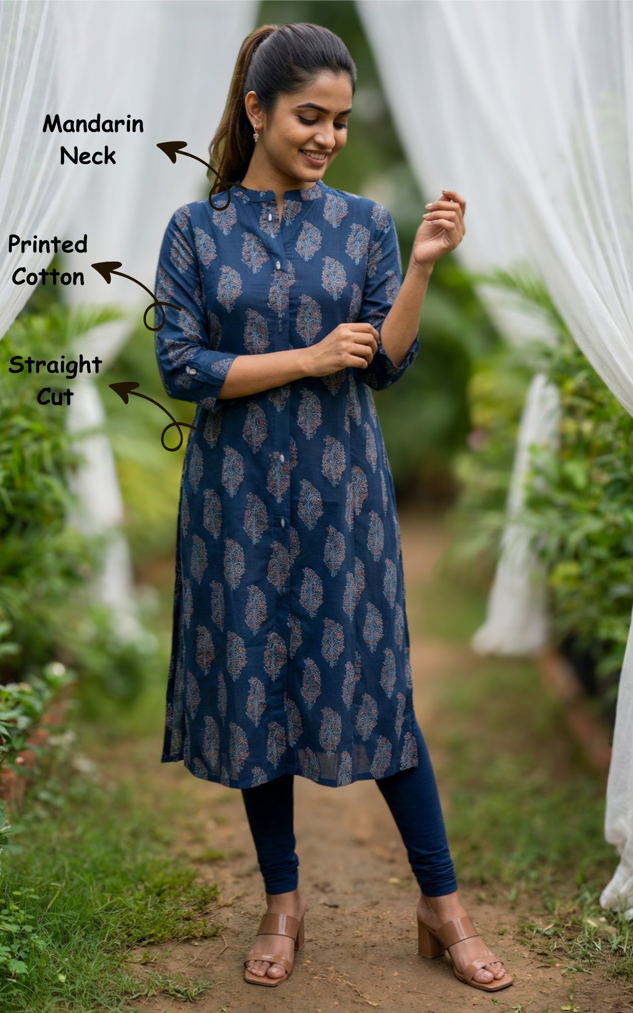 Instore – Navy Blue Bindhu Kurti for Women – Printed Cotton – Indian Ethnic Wear