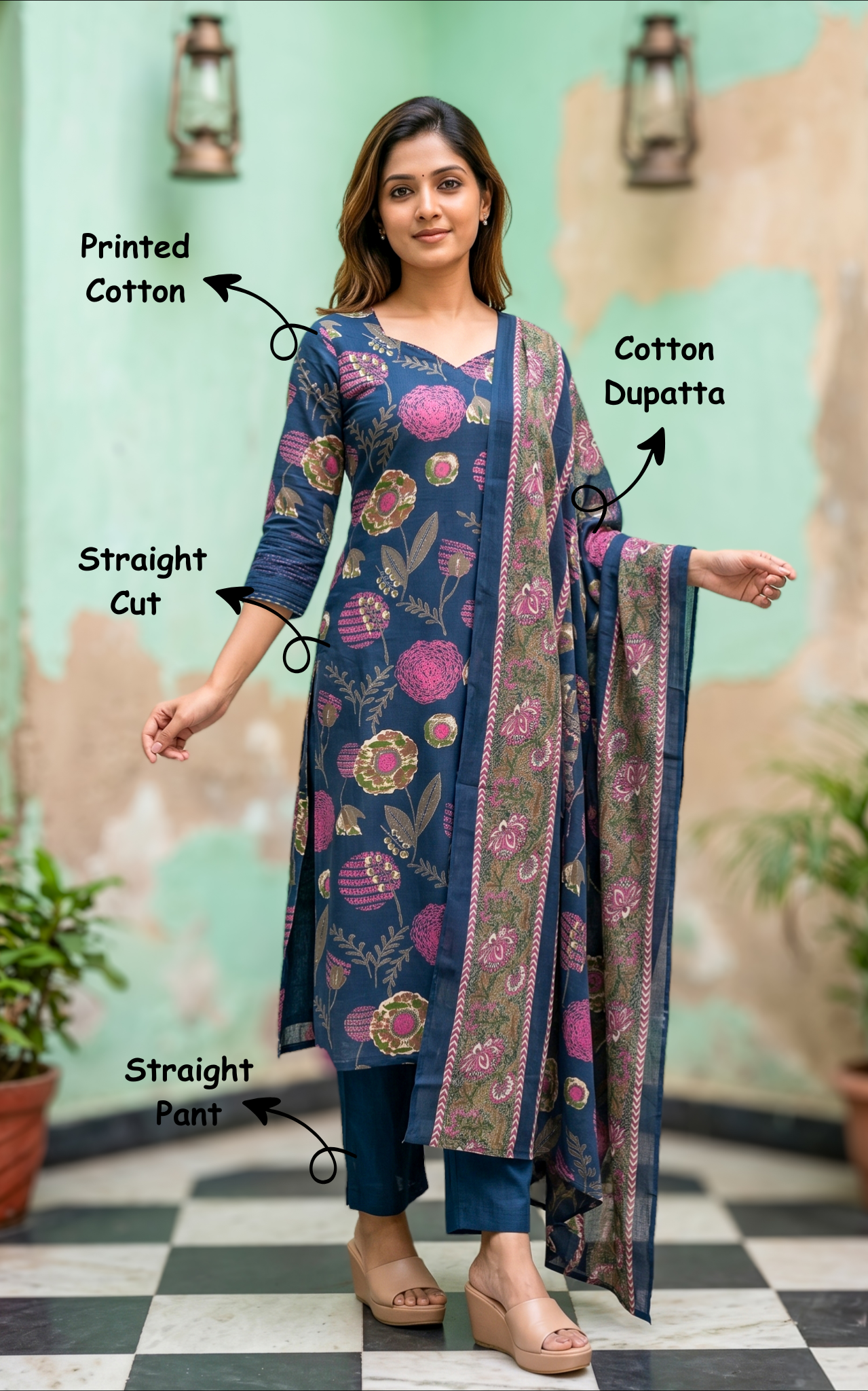 Elegant blue printed cotton kurti set for women